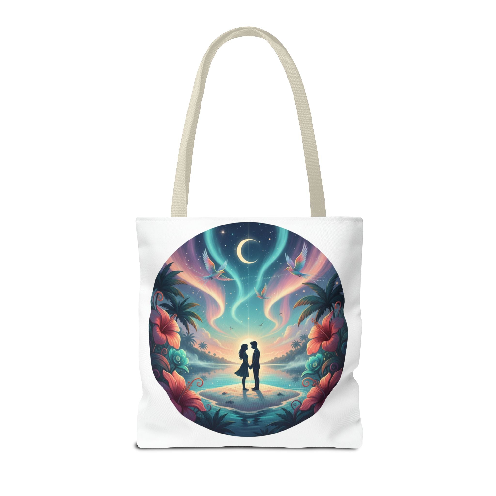 Romantic Moonlit Beach Tote Bag — Couple Silhouette Tropical Night Print