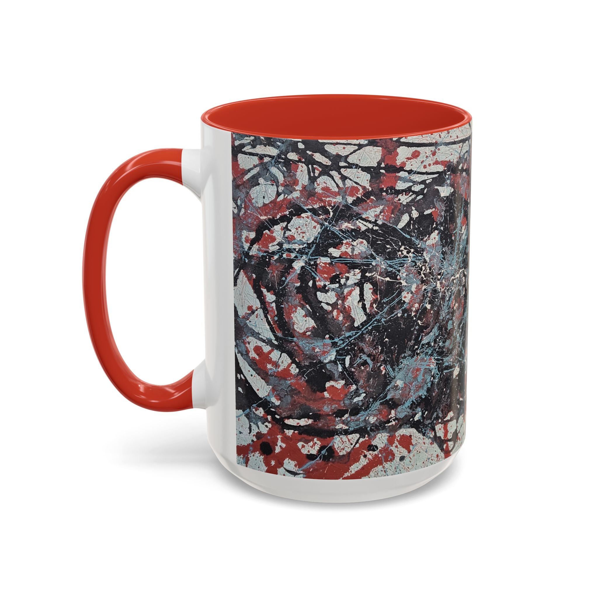 Abstract Splatter Accent Coffee Mug — Red, Black & White Artistic Design (11/15oz)