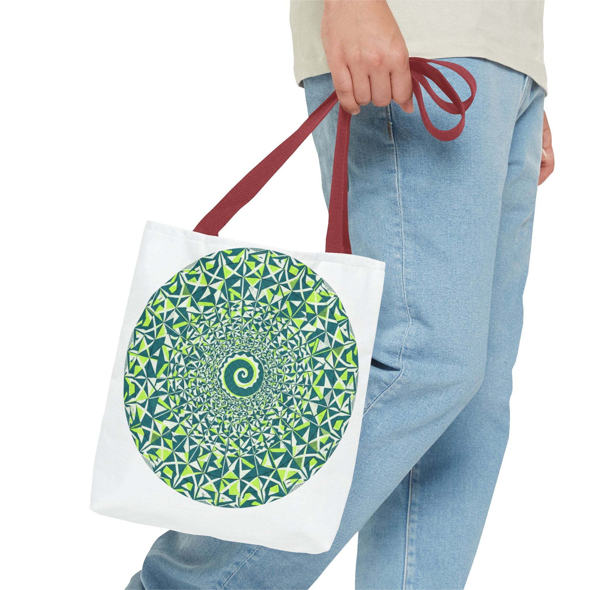 Spiral Mandala Tote Bag — Green Geometric All-Over Print Tote
