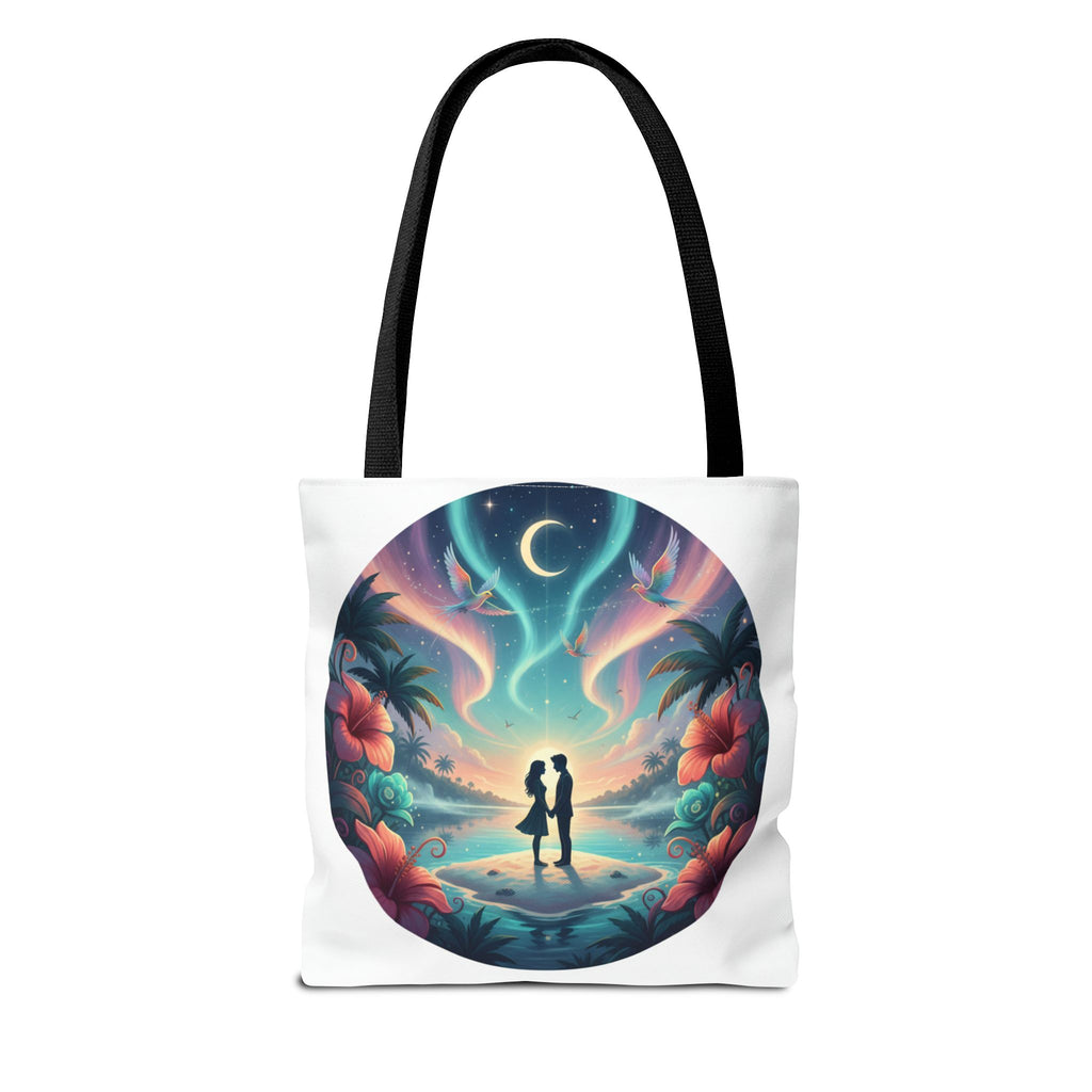 Romantic Moonlit Beach Tote Bag — Couple Silhouette Tropical Night Print