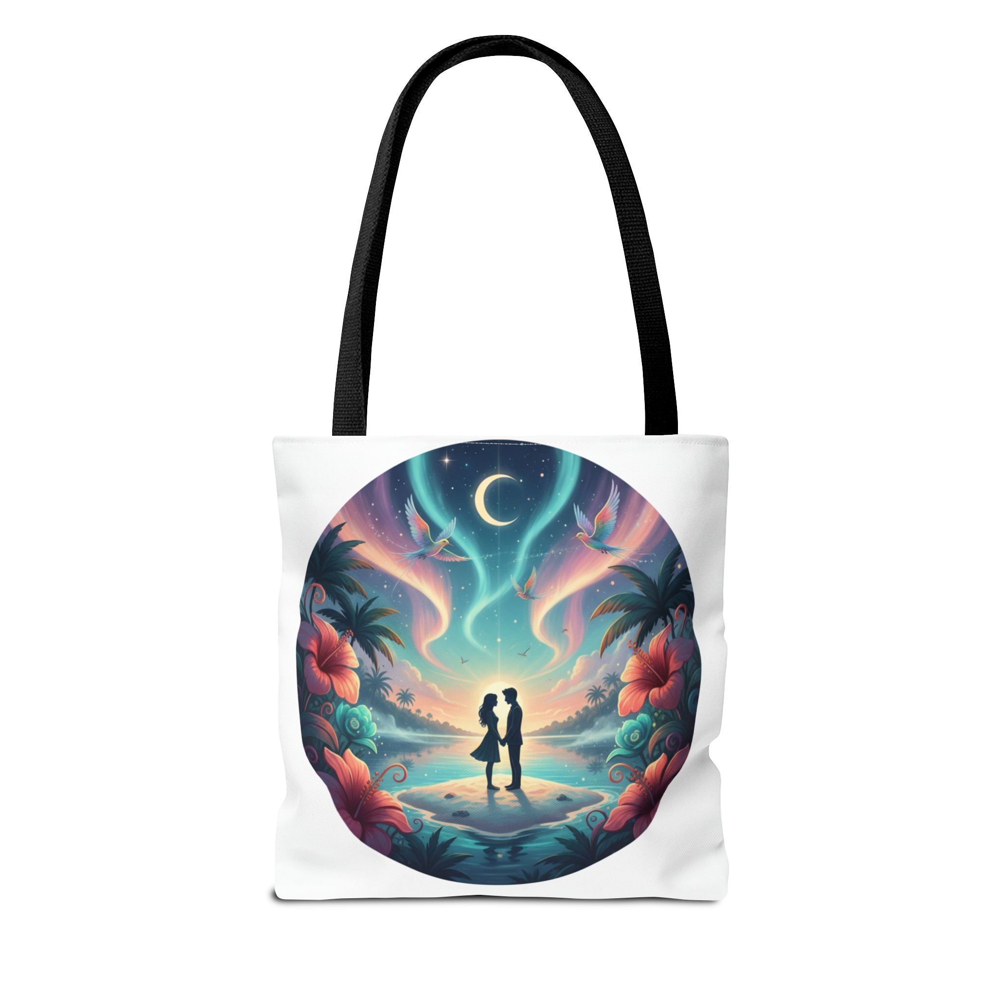 Romantic Moonlit Beach Tote Bag — Couple Silhouette Tropical Night Print