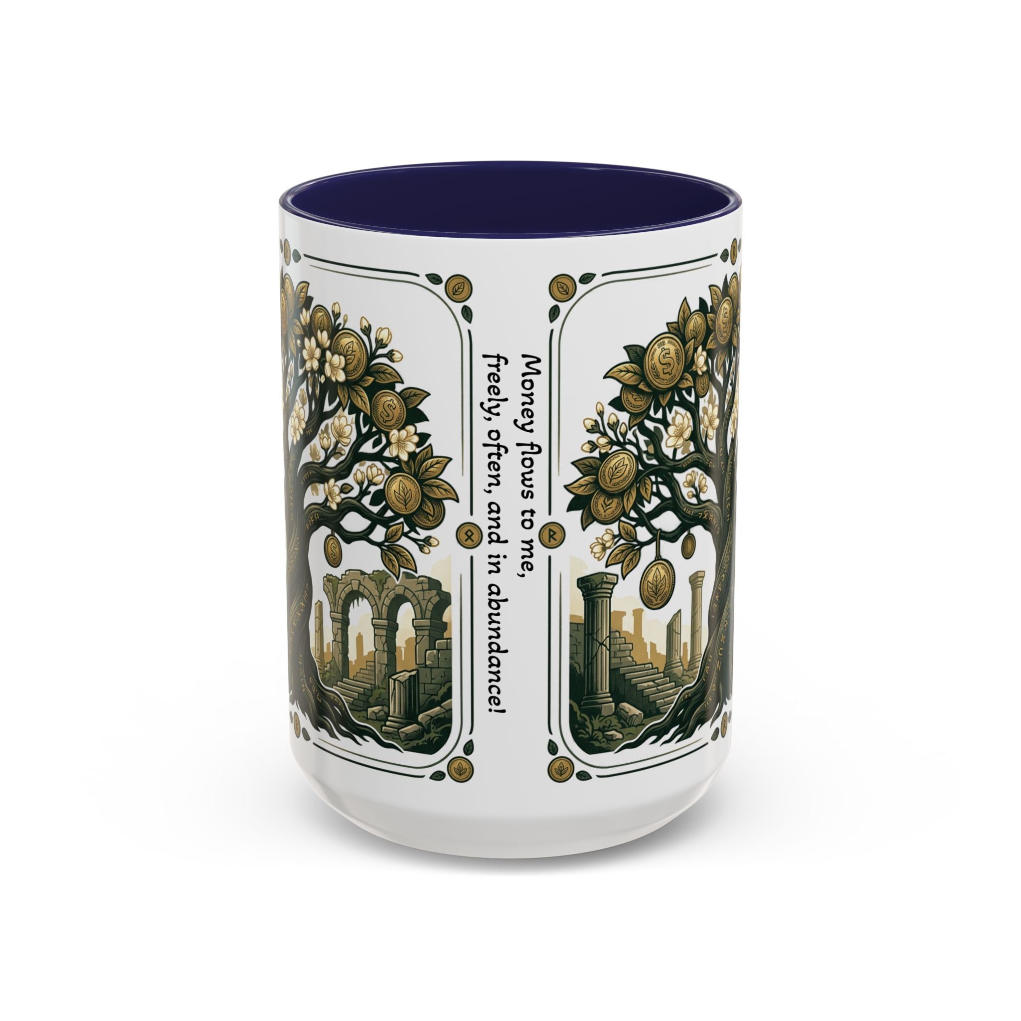 Ornate Tree of Coins Coffee Mug — Gold Ruins Accent Ceramic Mug (11/15oz)