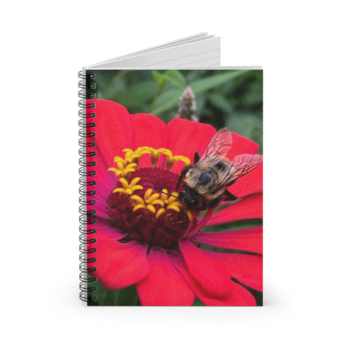 Bee on Red Zinnia Spiral Notebook — Ruled Journal for Nature Lovers
