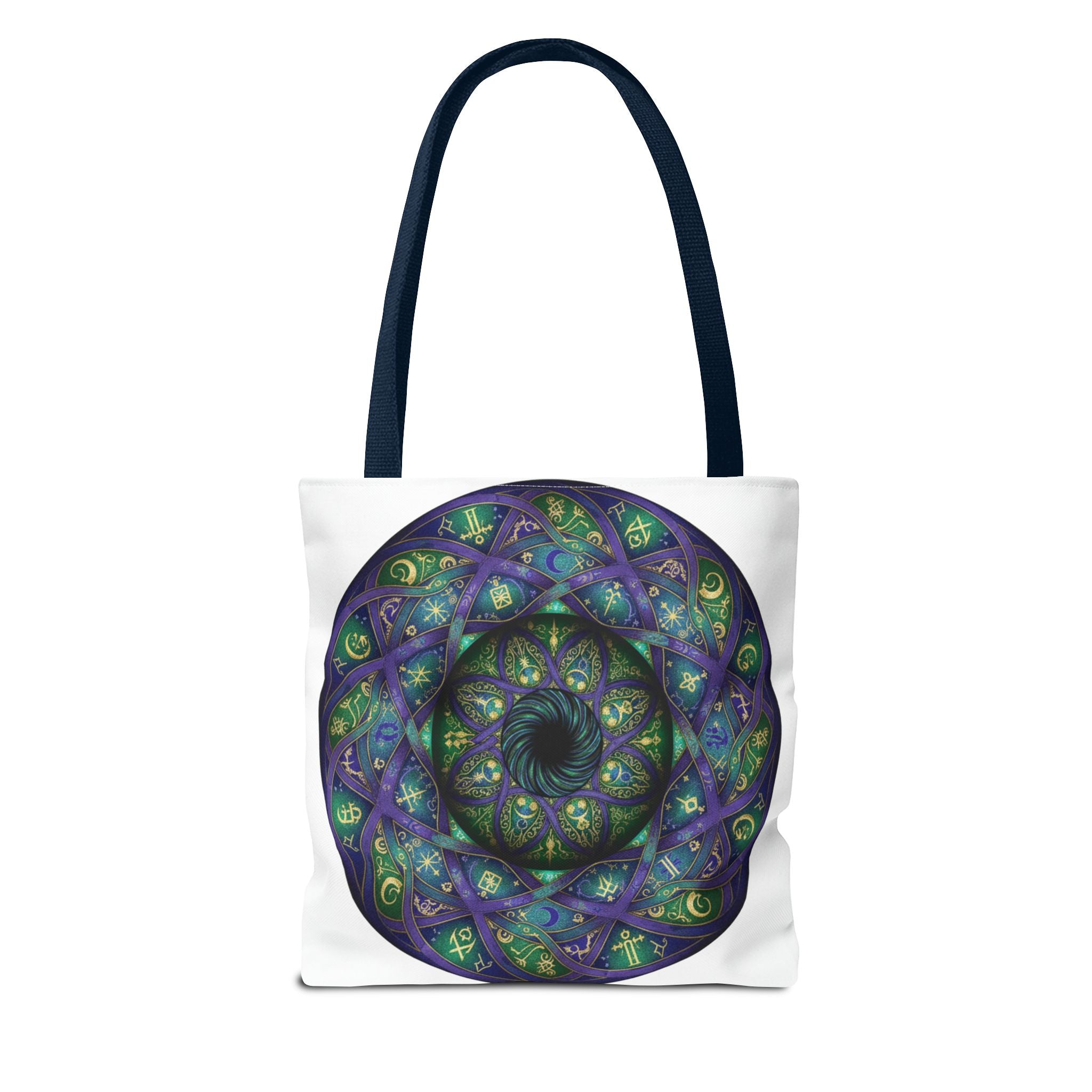 Mystic Mandala Tote Bag — Purple Green Spiral All-Over Print