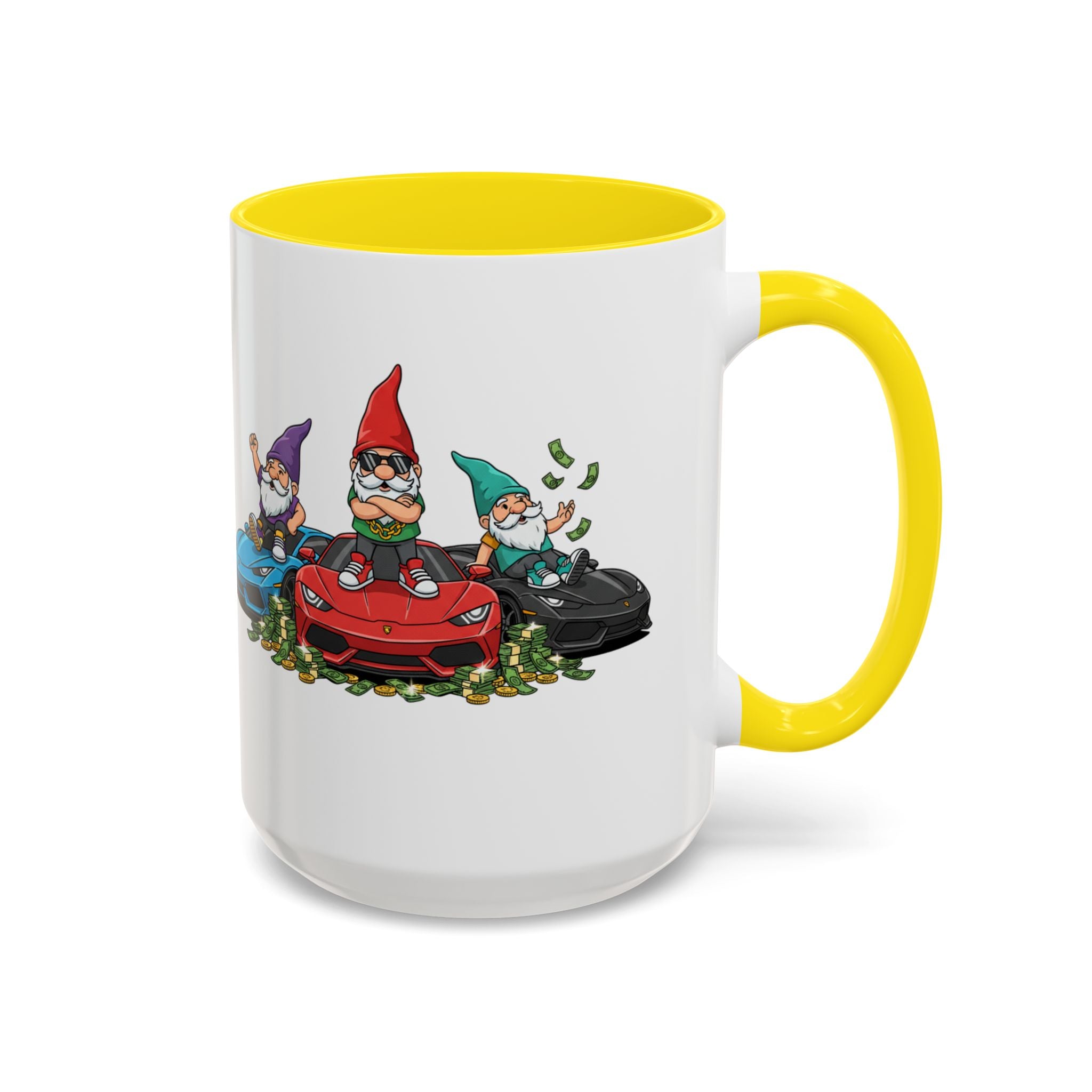 Gnome Car Crew Accent Coffee Mug — Racing Gnomes with Sports Cars (11/15oz)