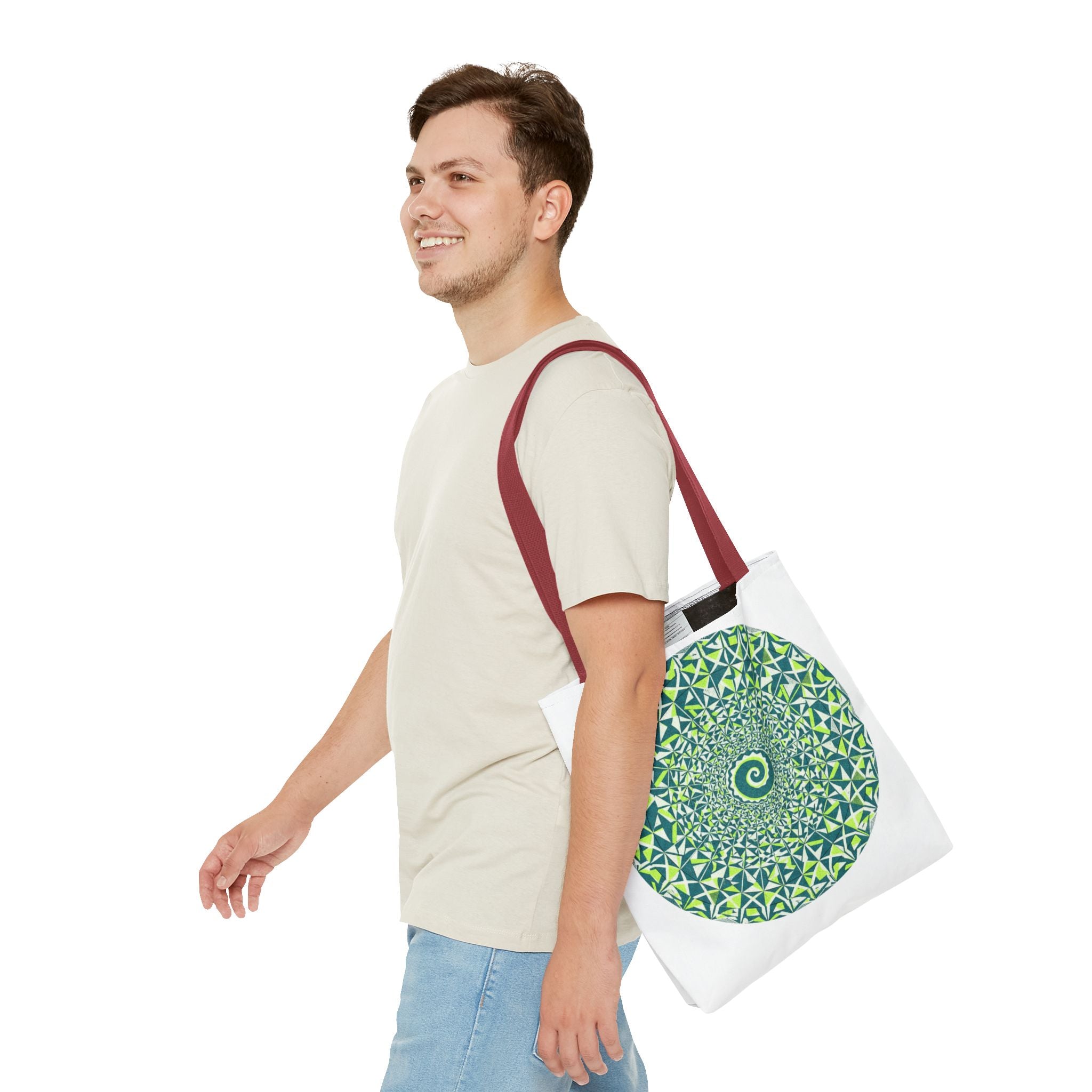 Spiral Mandala Tote Bag — Green Geometric All-Over Print Tote