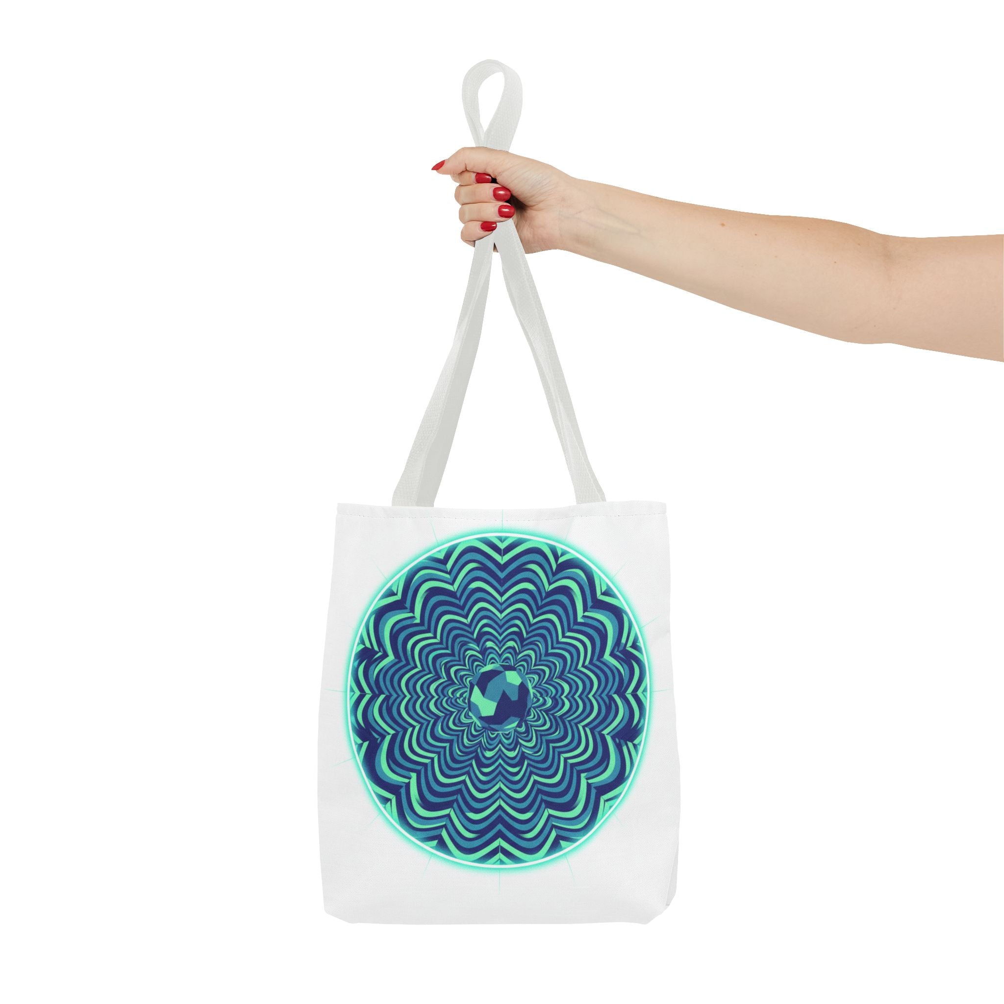 Psychedelic Mandala Tote Bag — Blue Green Optical Art All-Over Print