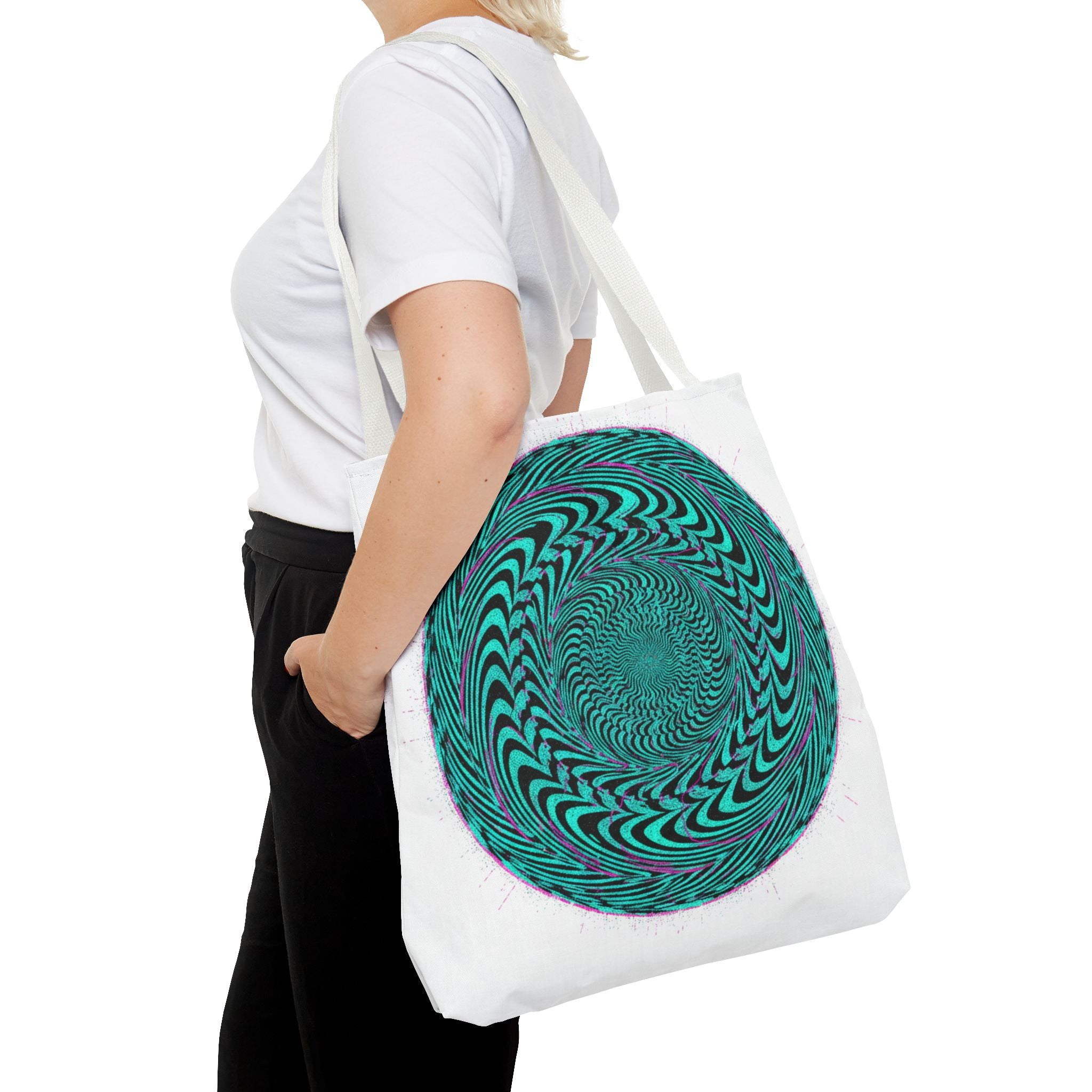 Psychedelic Spiral Tote Bag — Teal Optical Illusion All-Over Print