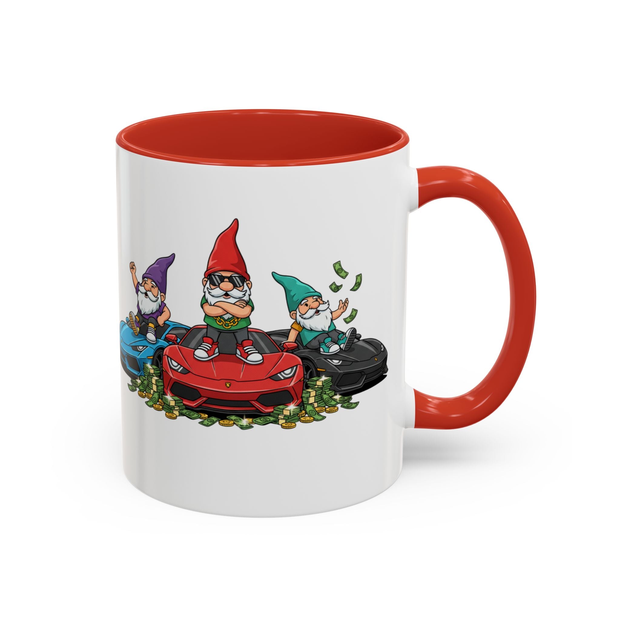 Gnome Car Crew Accent Coffee Mug — Racing Gnomes with Sports Cars (11/15oz)