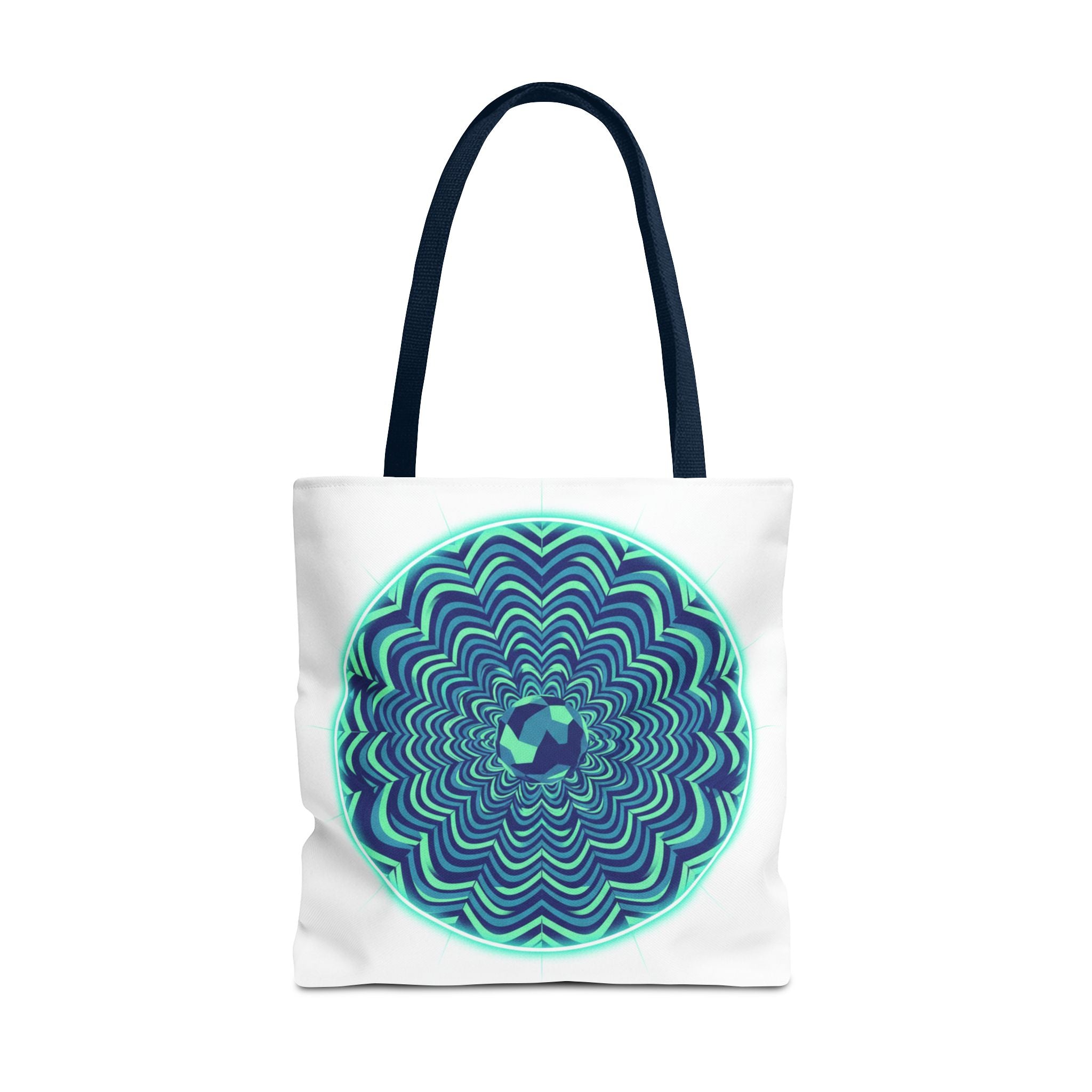Psychedelic Mandala Tote Bag — Blue Green Optical Art All-Over Print