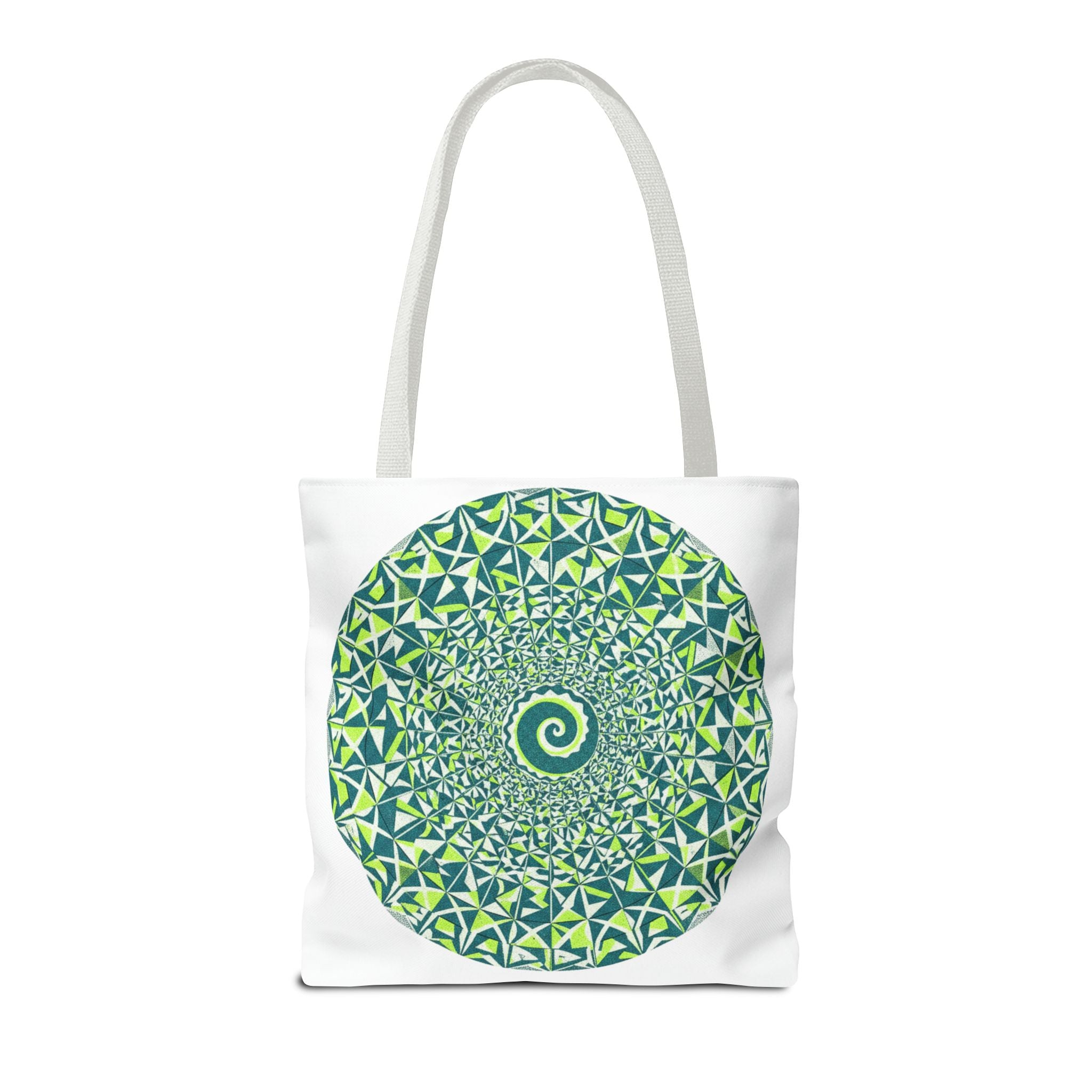 Spiral Mandala Tote Bag — Green Geometric All-Over Print Tote