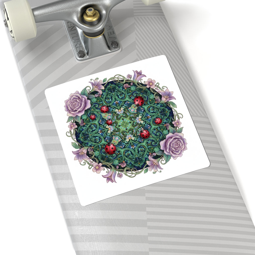 Floral Ladybug Mandala Sticker — Decorative Kiss-Cut Vinyl Sticker