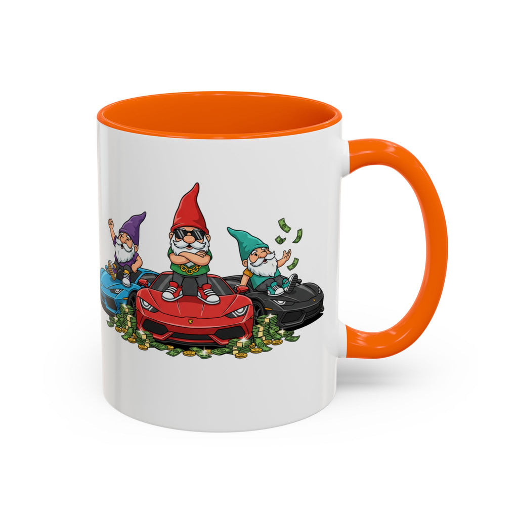 Gnome Car Crew Accent Coffee Mug — Racing Gnomes with Sports Cars (11/15oz)
