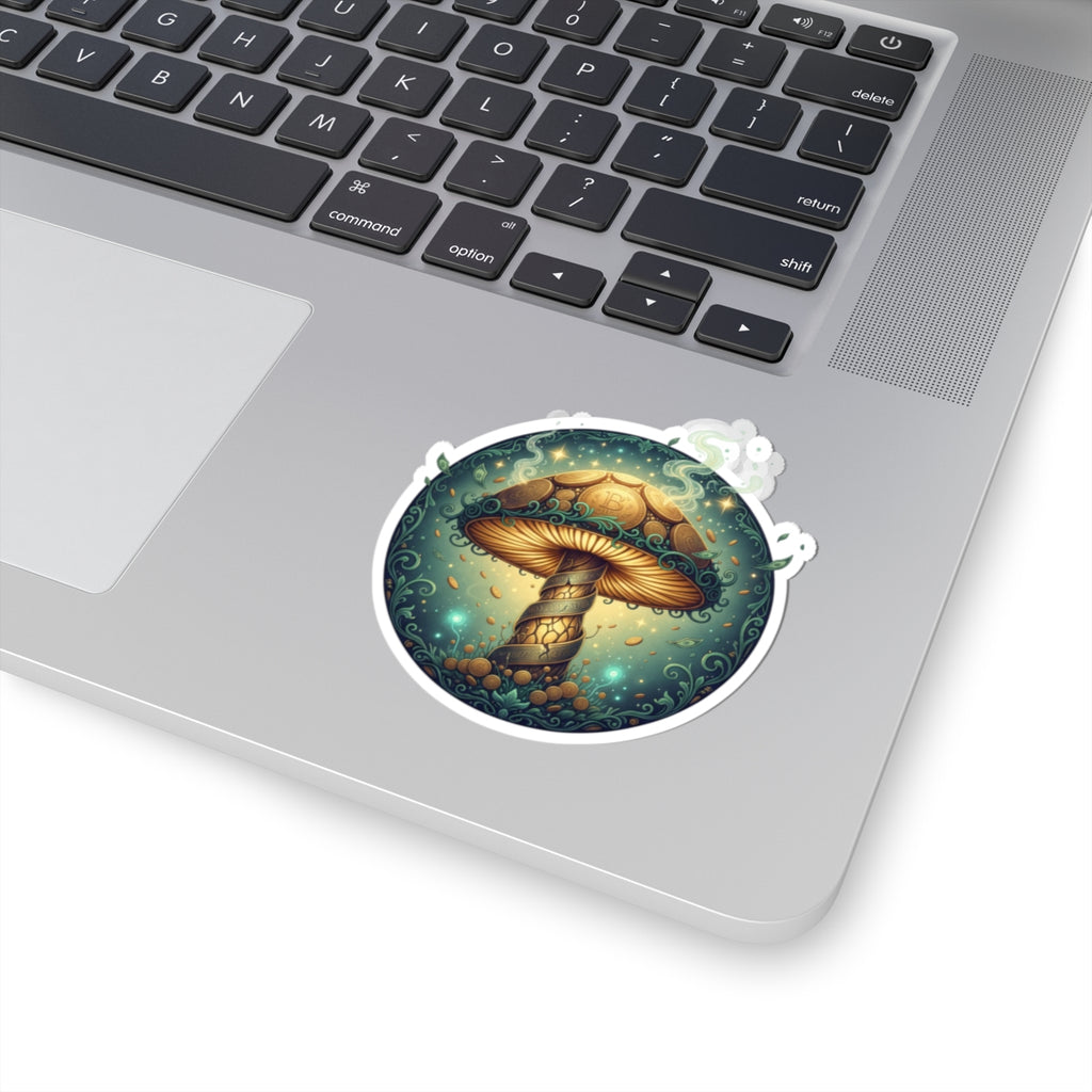 Psychedelic Golden Mushroom Kiss-Cut Sticker — Mystical Forest Laptop Decal