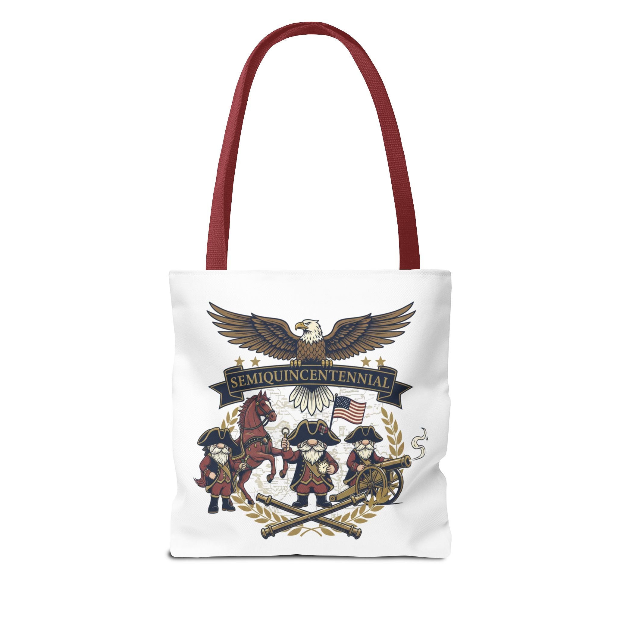 Semiquincentennial Patriotic Tote Bag — Eagle, Colonial Soldiers & Flags All-Over Print