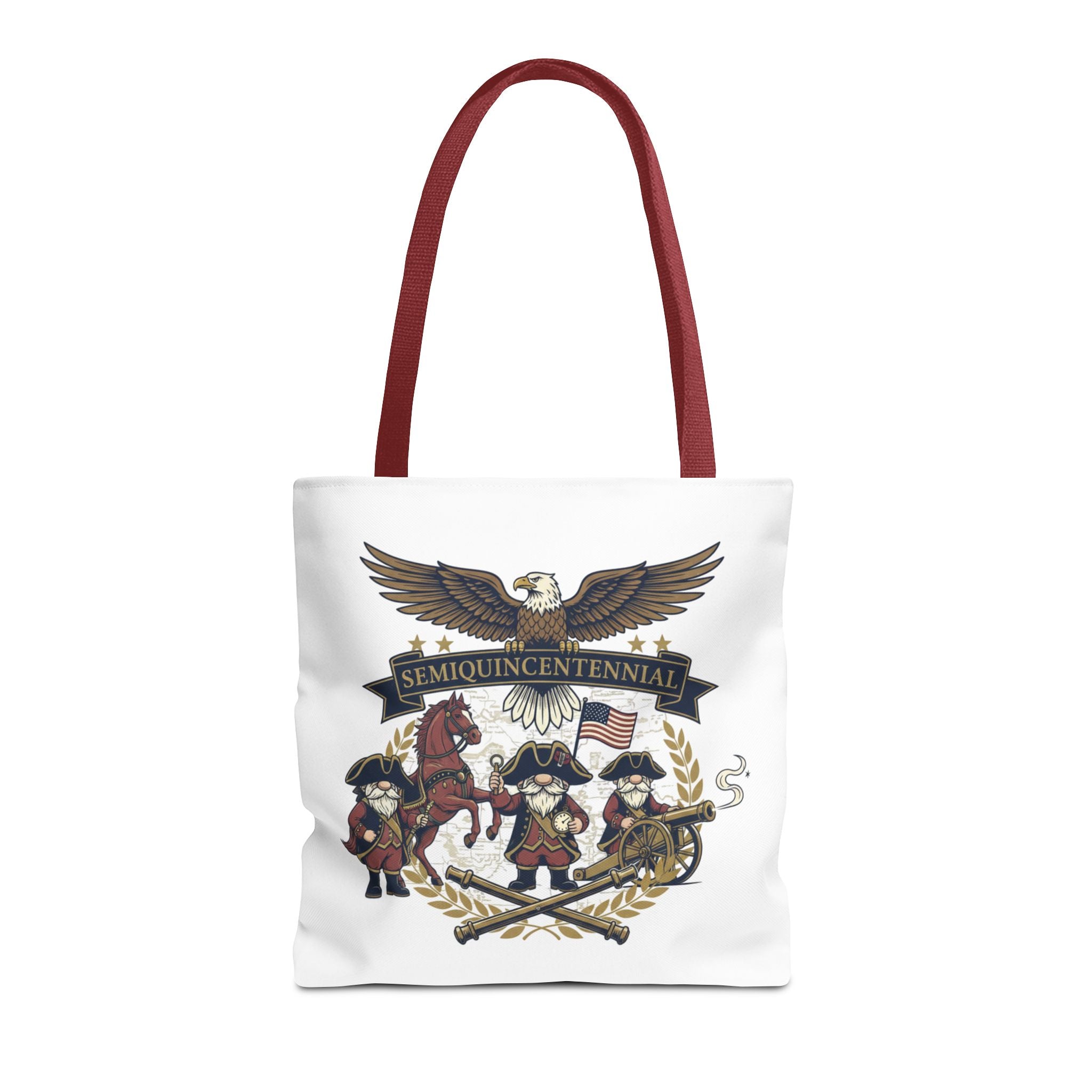 Semiquincentennial Patriotic Tote Bag — Eagle, Colonial Soldiers & Flags All-Over Print