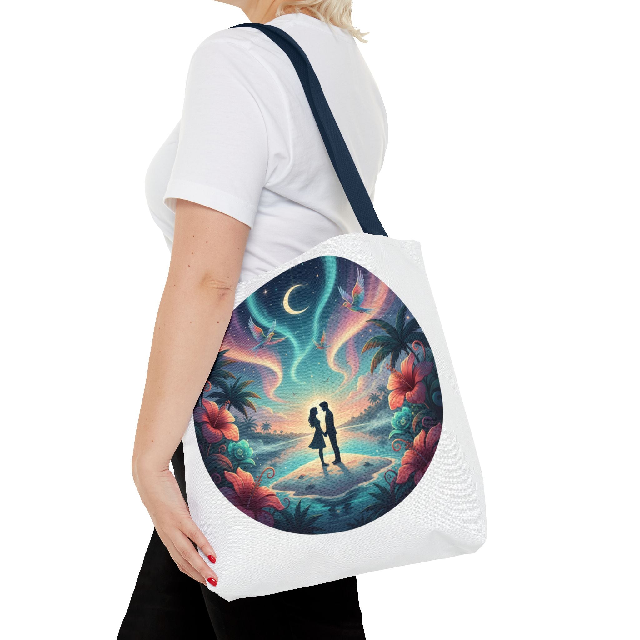 Romantic Moonlit Beach Tote Bag — Couple Silhouette Tropical Night Print