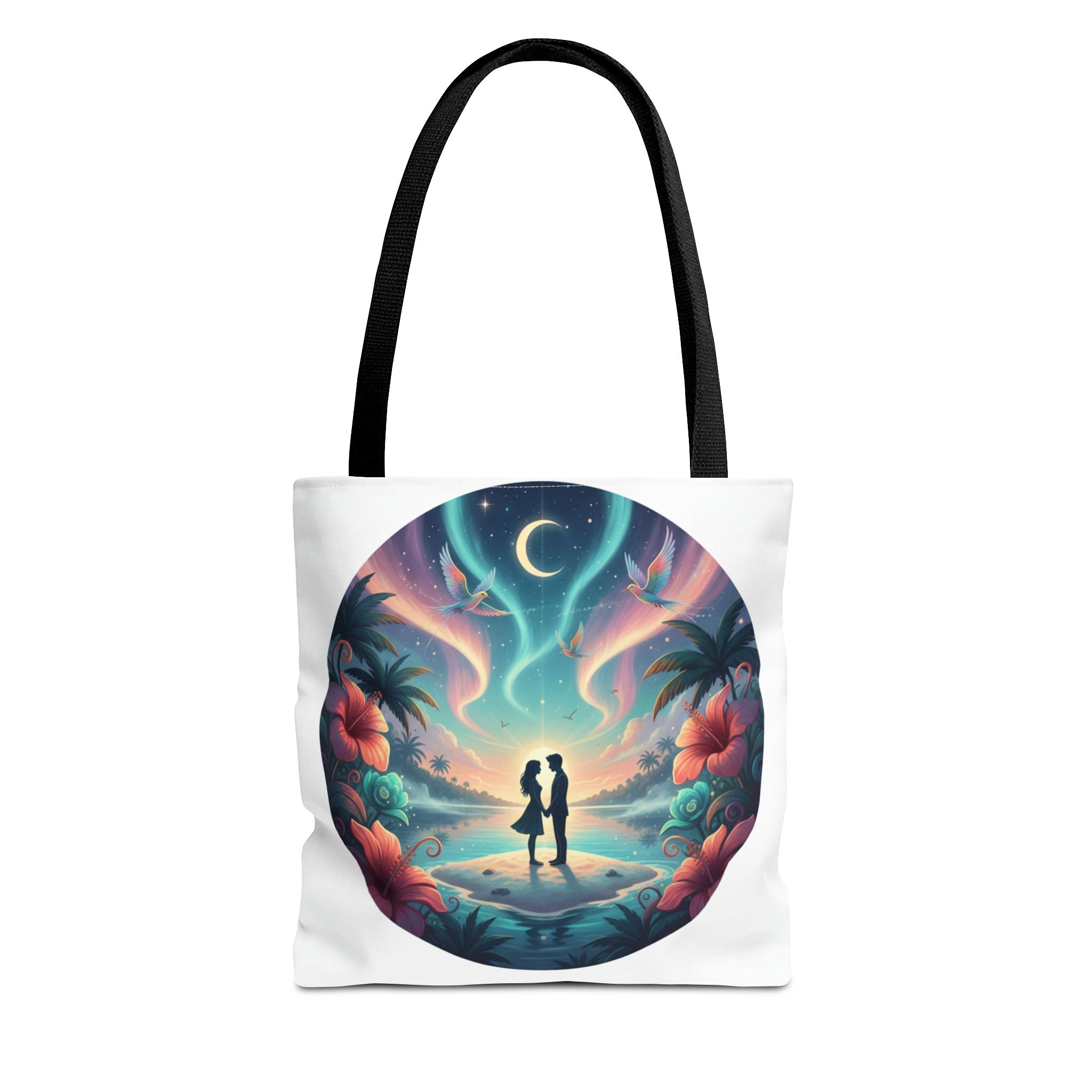 Romantic Moonlit Beach Tote Bag — Couple Silhouette Tropical Night Print