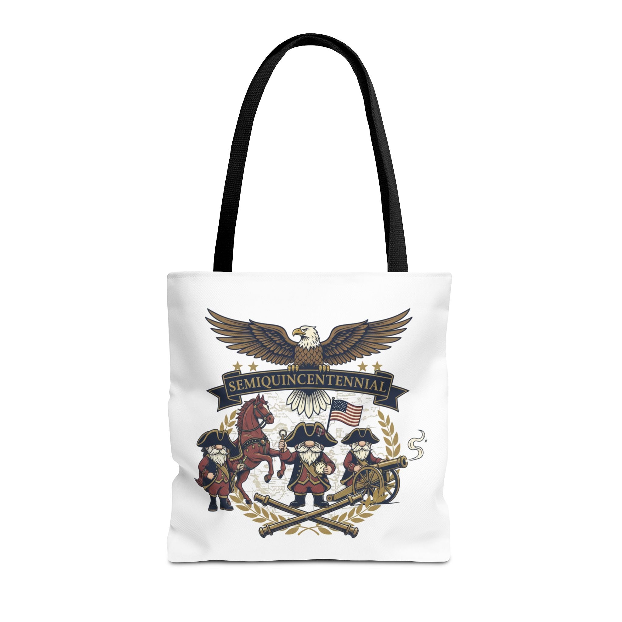Semiquincentennial Patriotic Tote Bag — Eagle, Colonial Soldiers & Flags All-Over Print