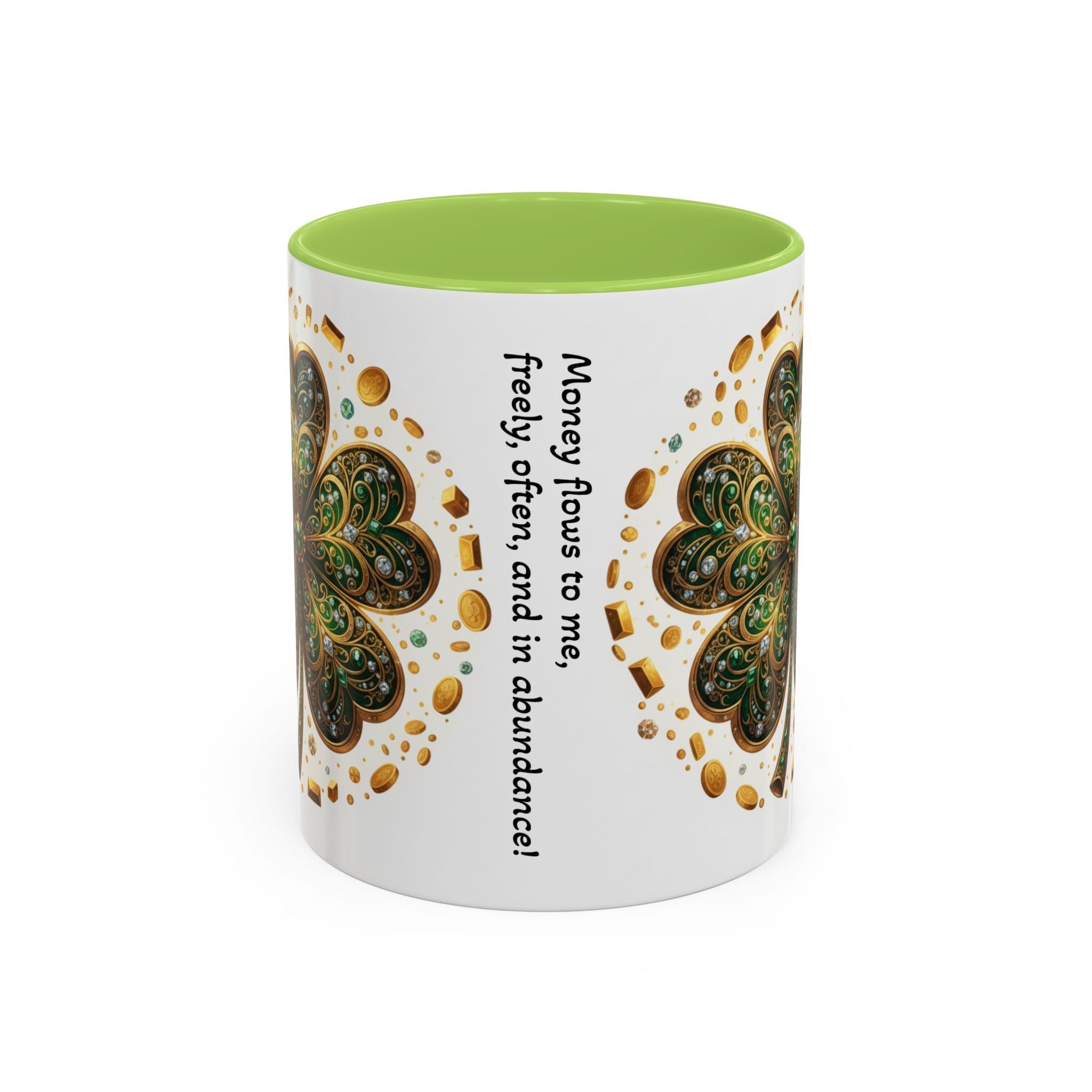 St. Patrick's Shamrock Coffee Mug — "Money Flows to Me" Lucky Charm Accent Mug