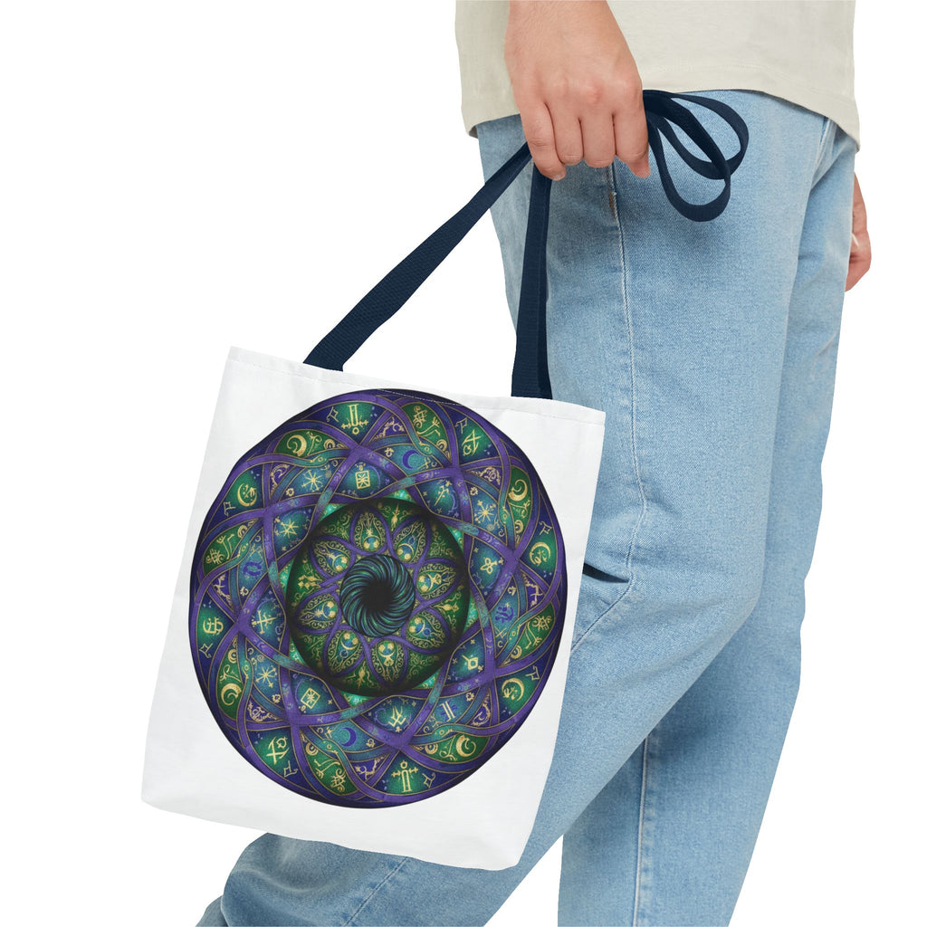 Mystic Mandala Tote Bag — Purple Green Spiral All-Over Print