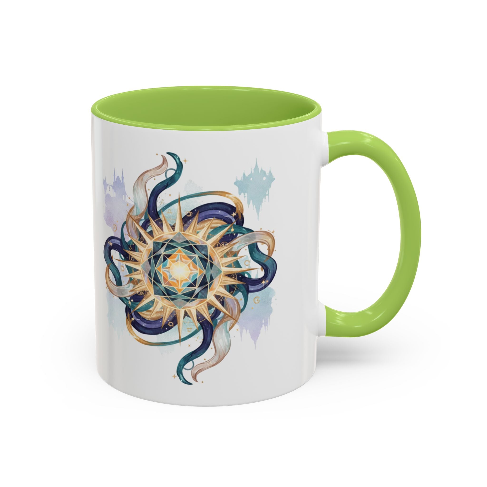 Celestial Nautilus Accent Coffee Mug — Ocean Sun Compass Art (11/15oz)