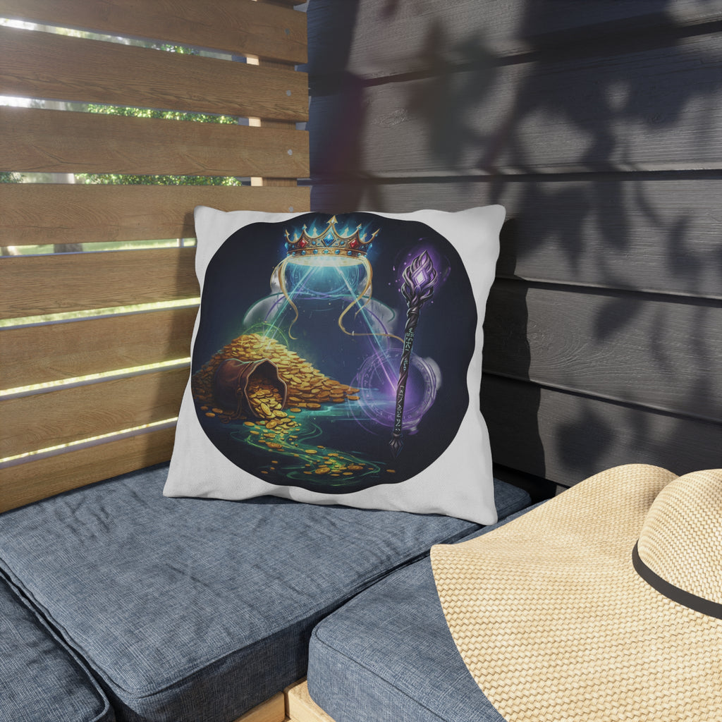 Fantasy Treasure Outdoor Pillow — Crown, Magic Staff & Gold Hoard Patio Accent