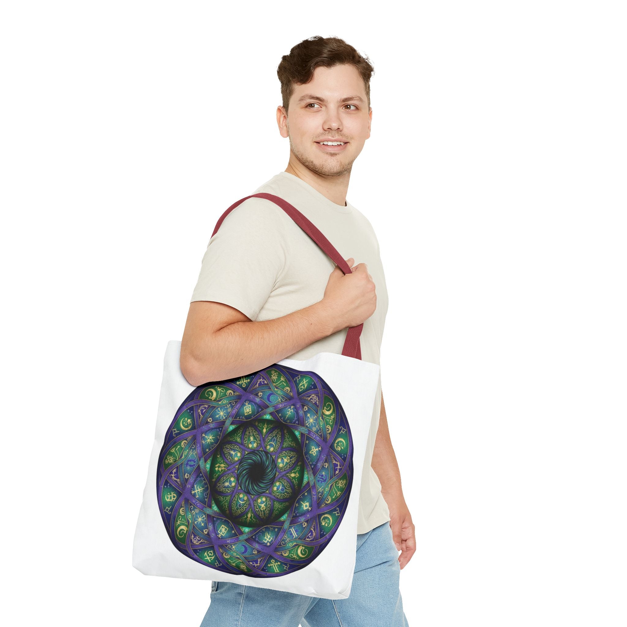 Mystic Mandala Tote Bag — Purple Green Spiral All-Over Print