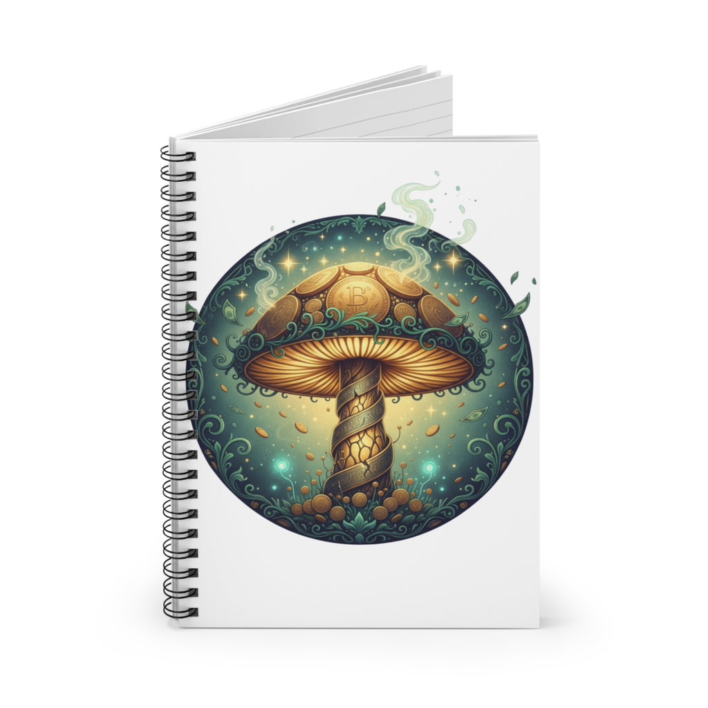 Mystical Golden Mushroom Spiral Notebook — Ruled Journal for Fantasy Art Lovers
