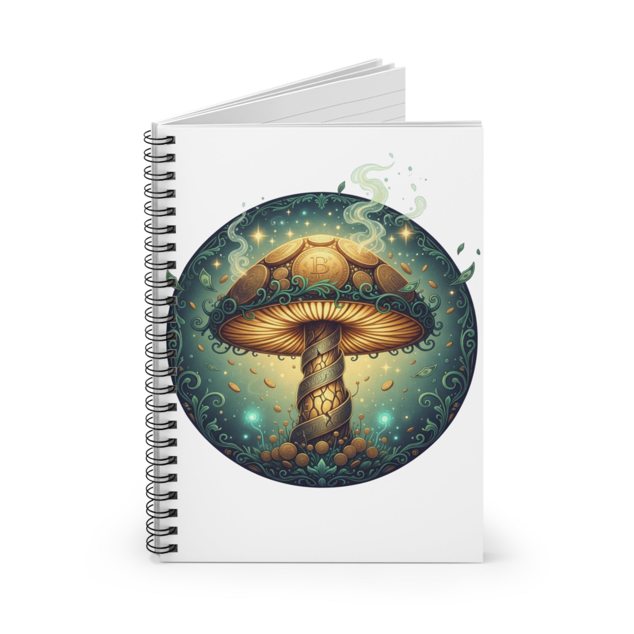 Mystical Golden Mushroom Spiral Notebook — Ruled Journal for Fantasy Art Lovers