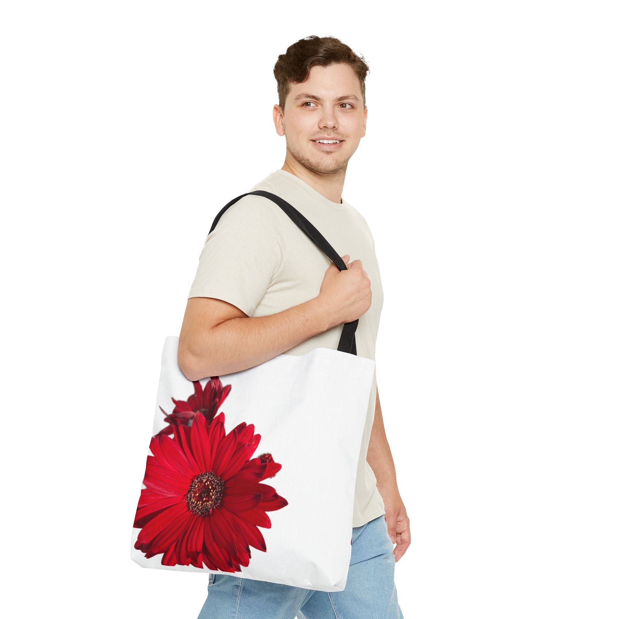 Red Gerbera Floral Tote Bag – Bright Daisy Print Canvas Tote