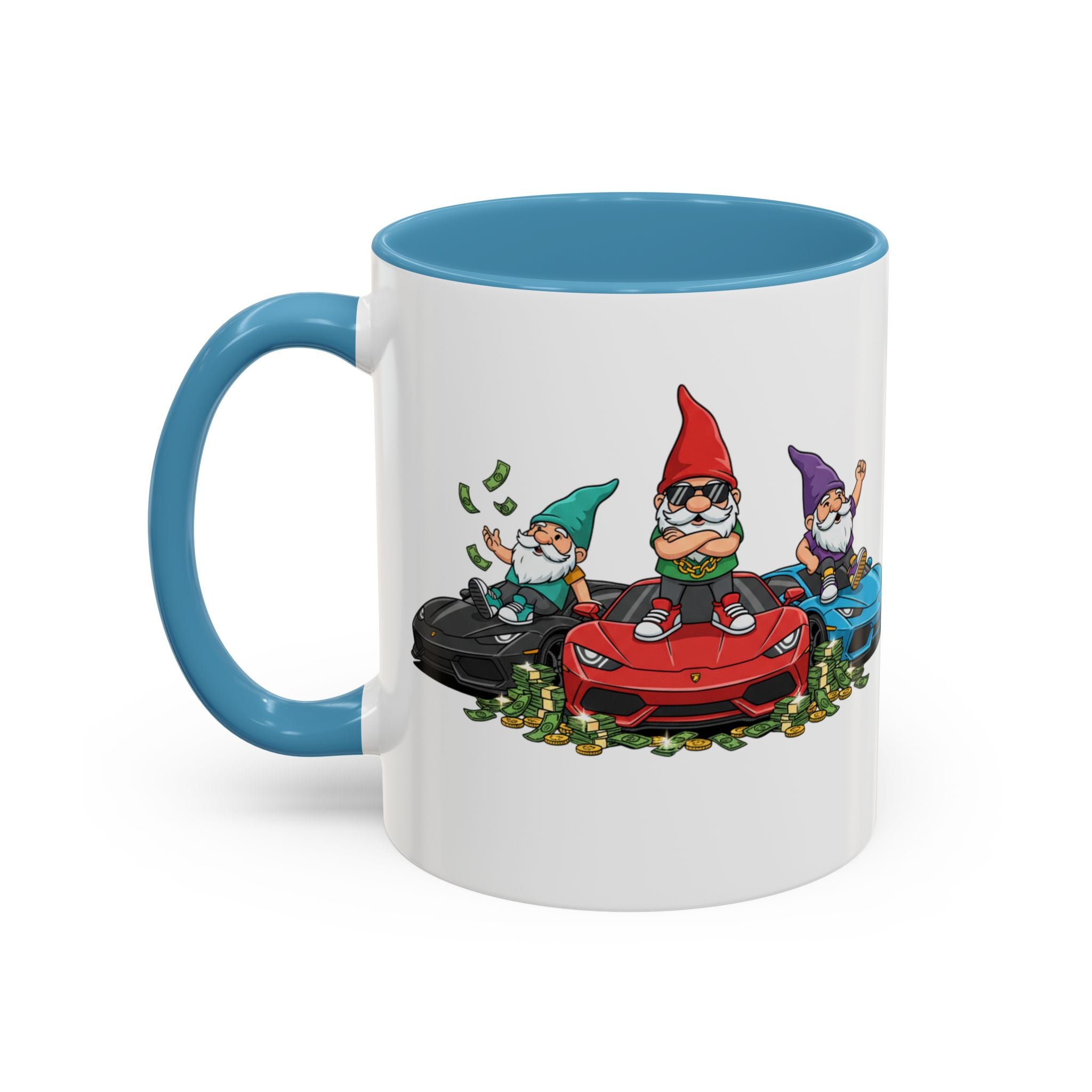 Gnome Car Crew Accent Coffee Mug — Racing Gnomes with Sports Cars (11/15oz)