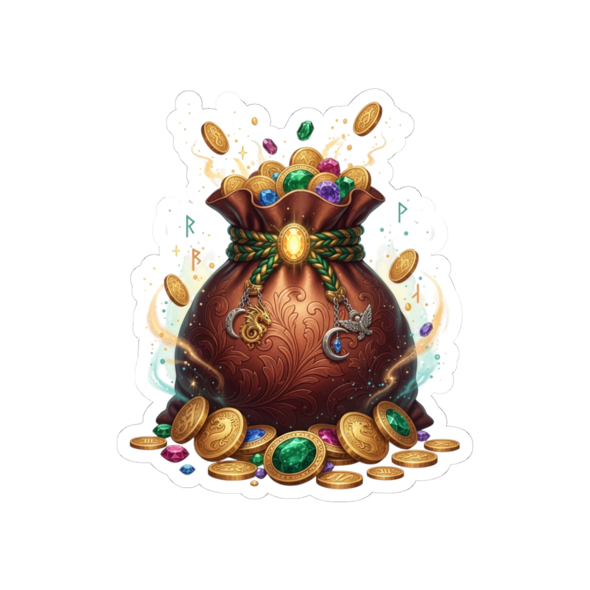 Treasure Pouch Sticker — Gold Coin & Gem Kiss-Cut Sticker