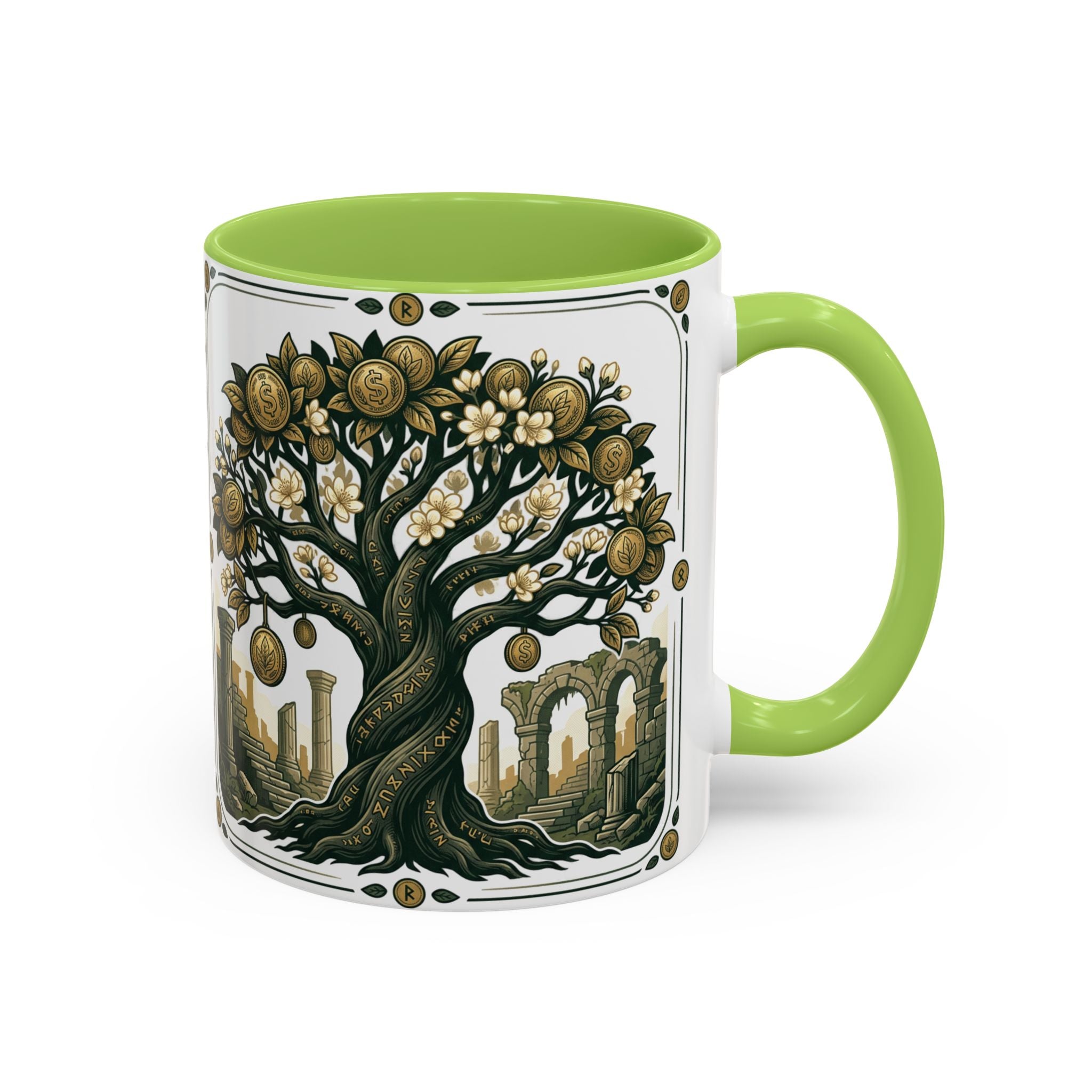 Ornate Tree of Coins Coffee Mug — Gold Ruins Accent Ceramic Mug (11/15oz)