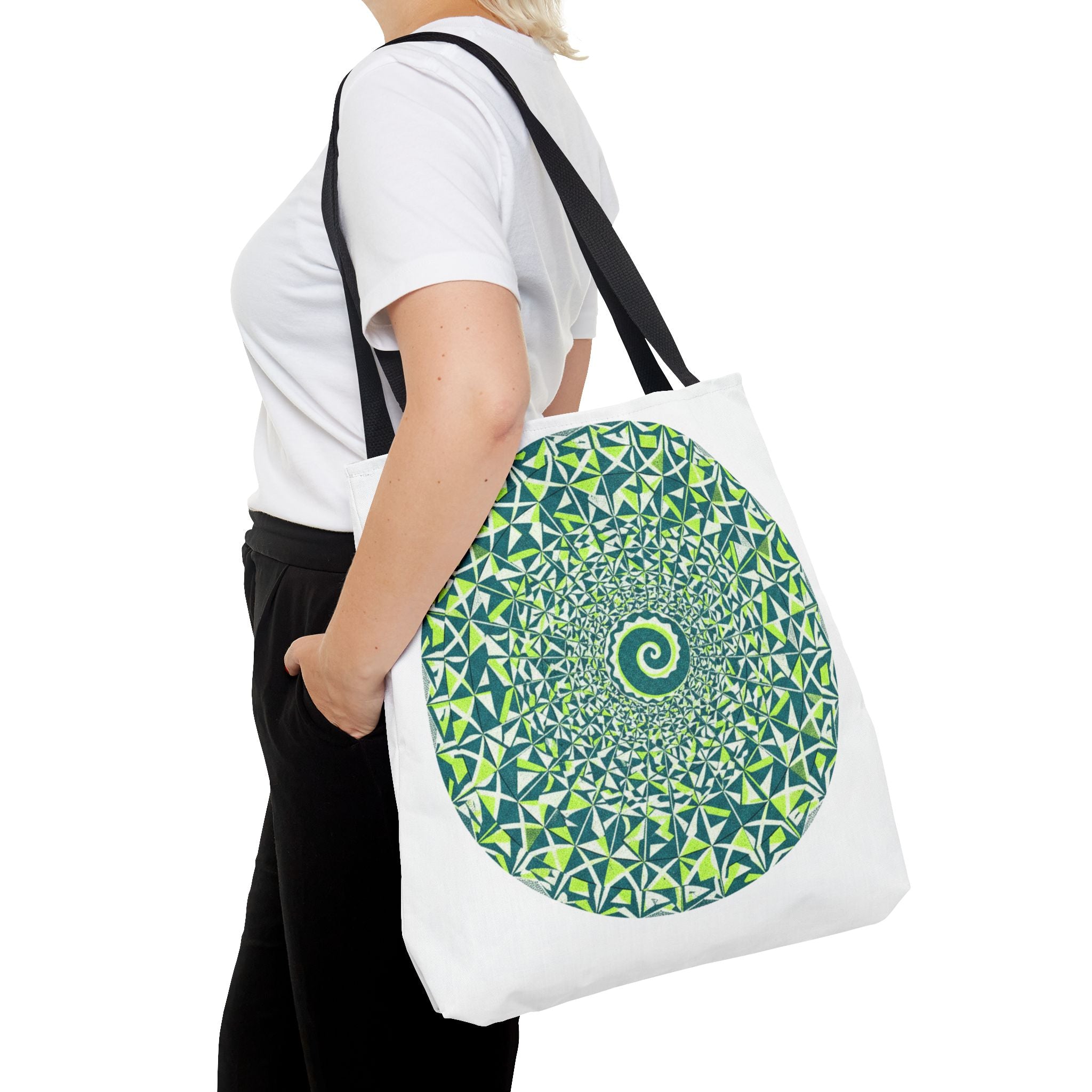 Spiral Mandala Tote Bag — Green Geometric All-Over Print Tote