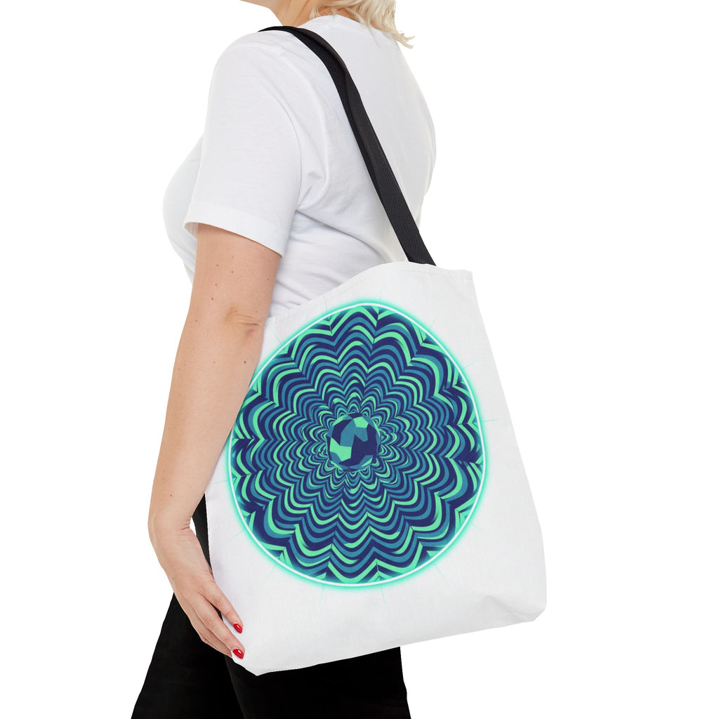 Psychedelic Mandala Tote Bag — Blue Green Optical Art All-Over Print