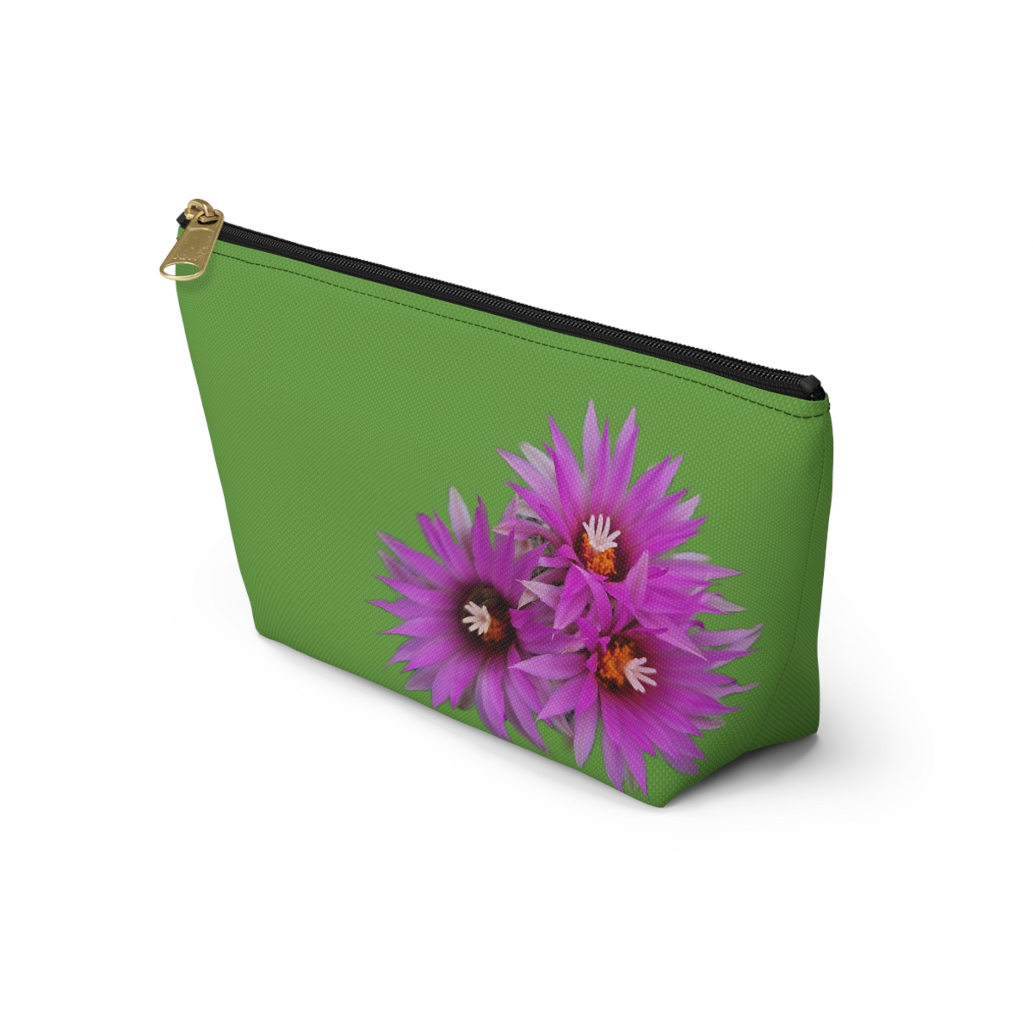Floral Accessory Pouch — Pink Cactus Flowers on Green Makeup Bag