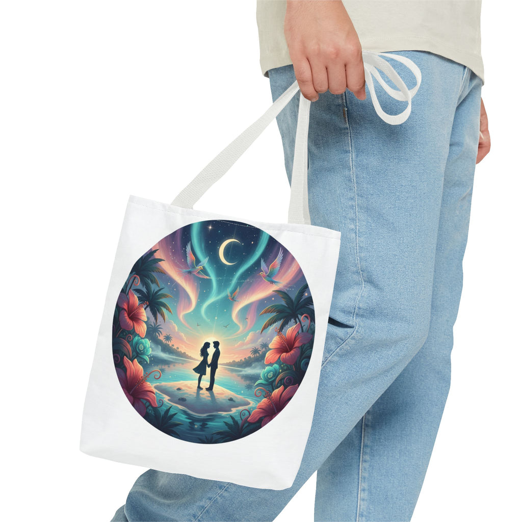 Romantic Moonlit Beach Tote Bag — Couple Silhouette Tropical Night Print