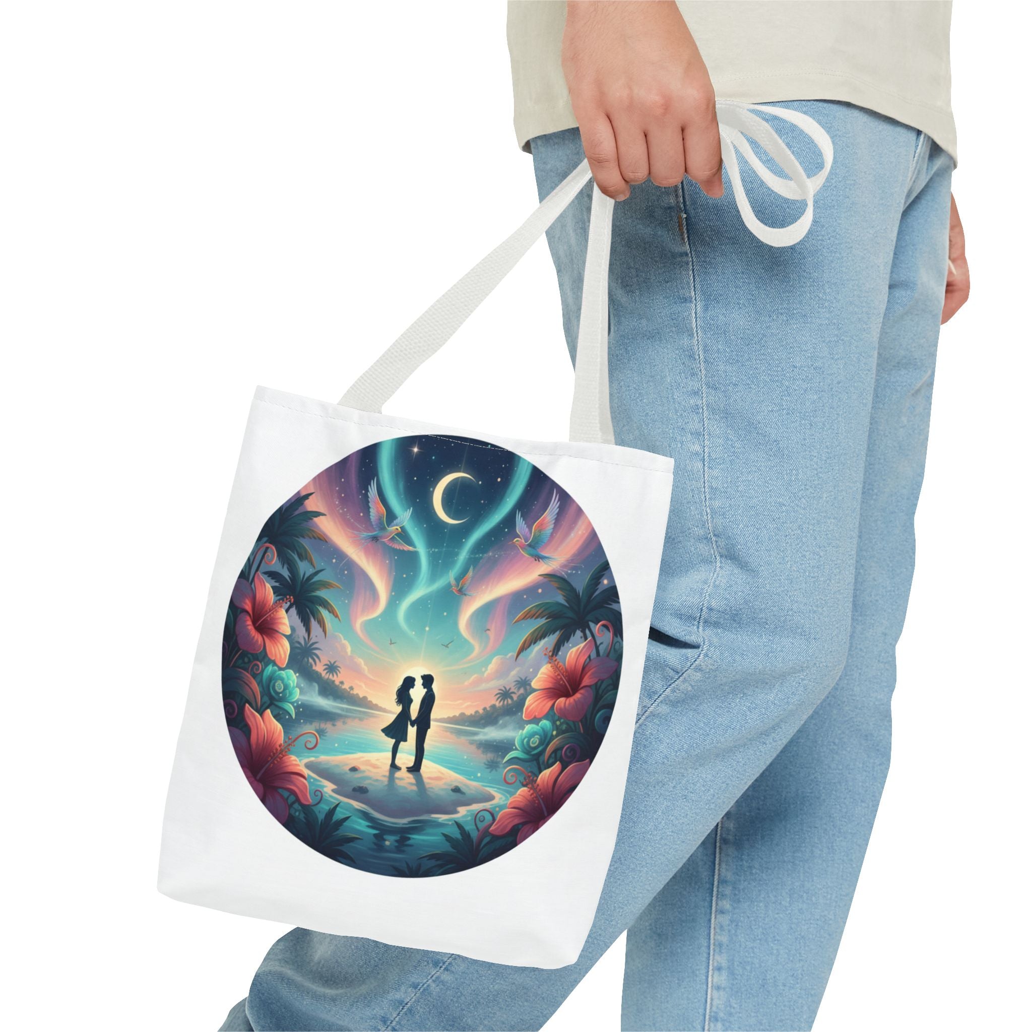 Romantic Moonlit Beach Tote Bag — Couple Silhouette Tropical Night Print