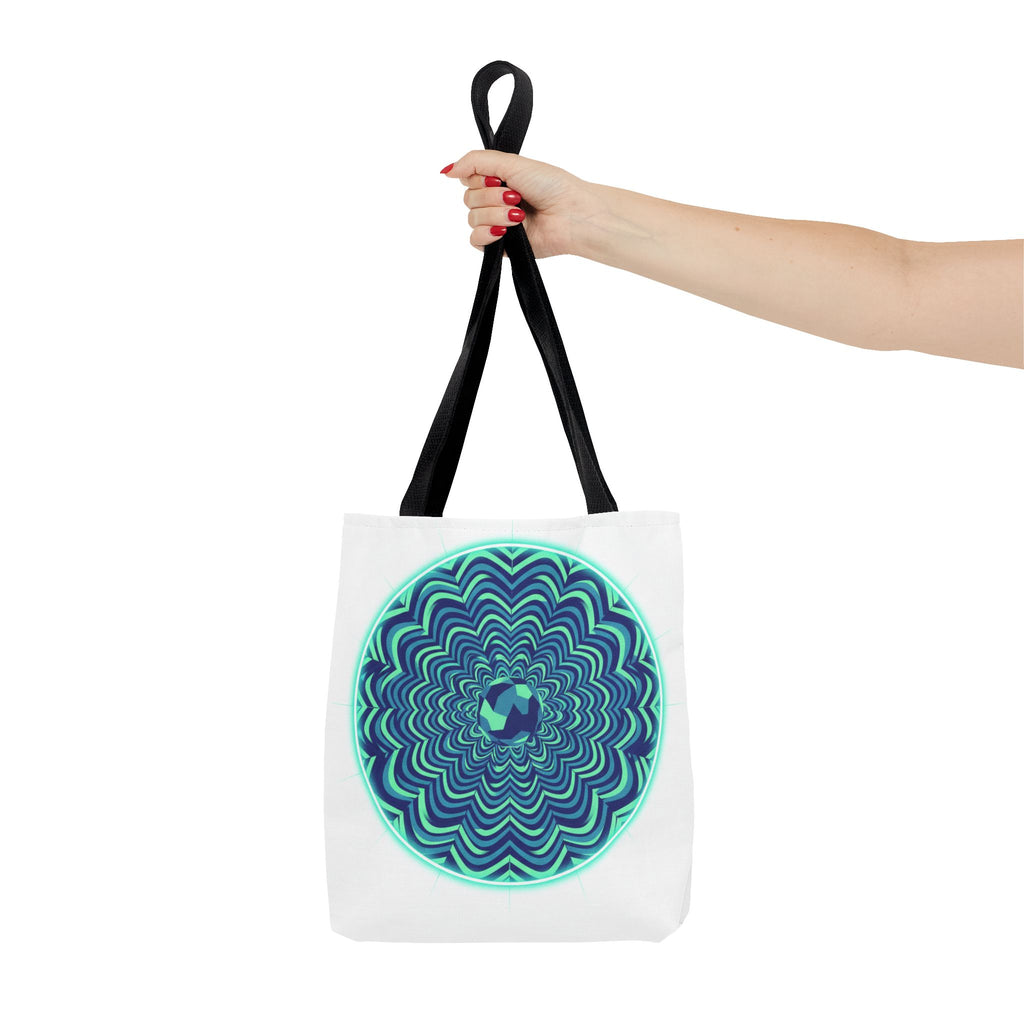 Psychedelic Mandala Tote Bag — Blue Green Optical Art All-Over Print