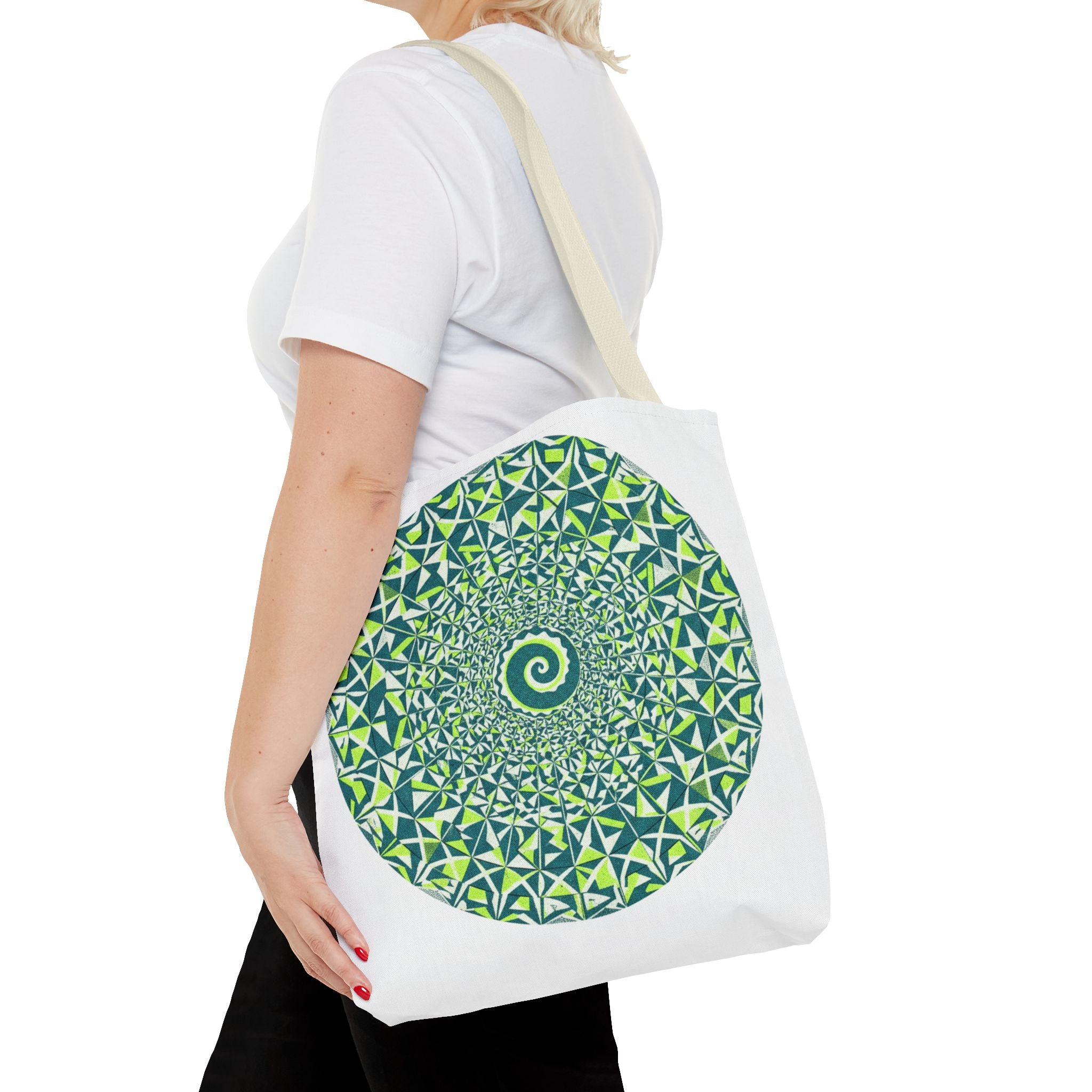 Spiral Mandala Tote Bag — Green Geometric All-Over Print Tote