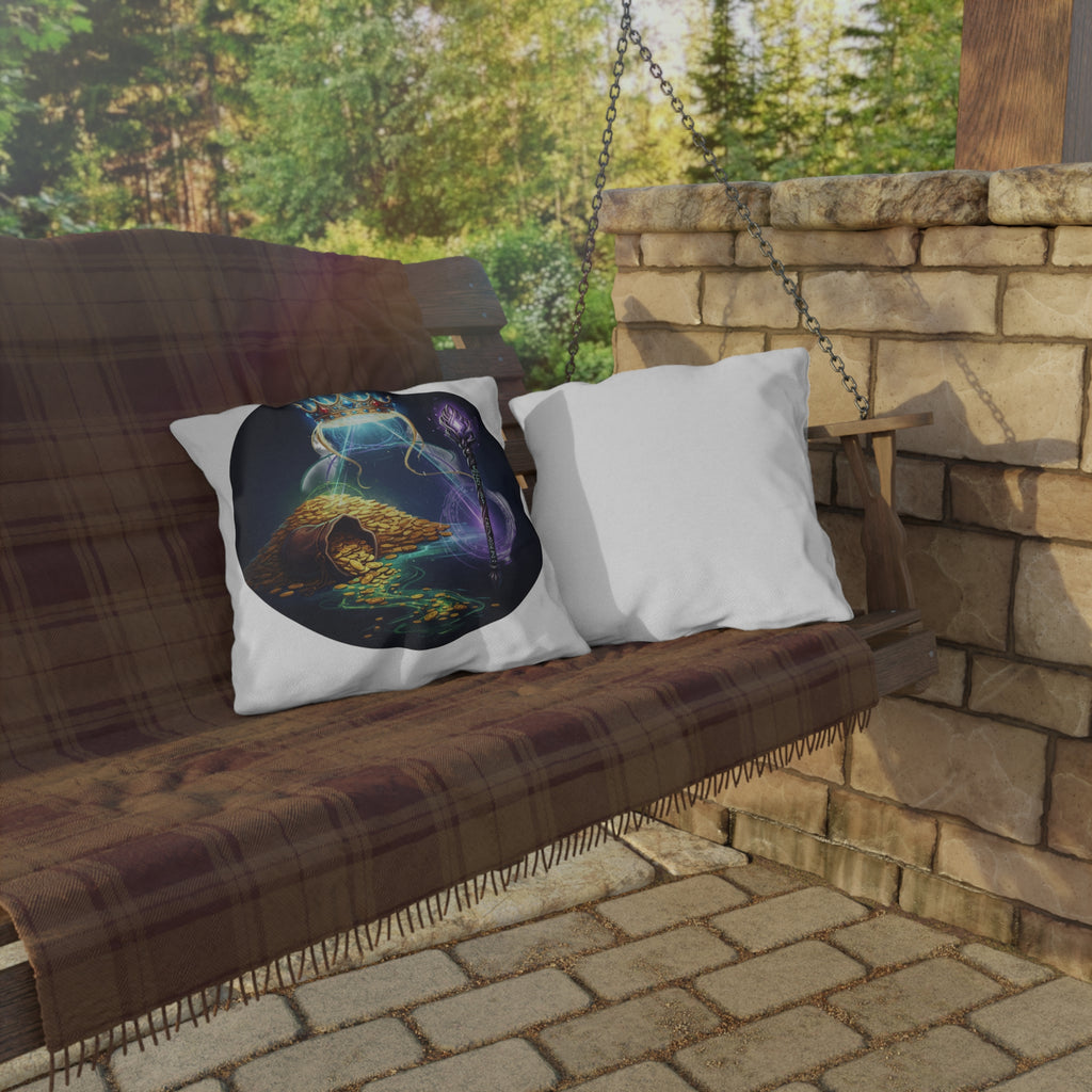Fantasy Treasure Outdoor Pillow — Crown, Magic Staff & Gold Hoard Patio Accent