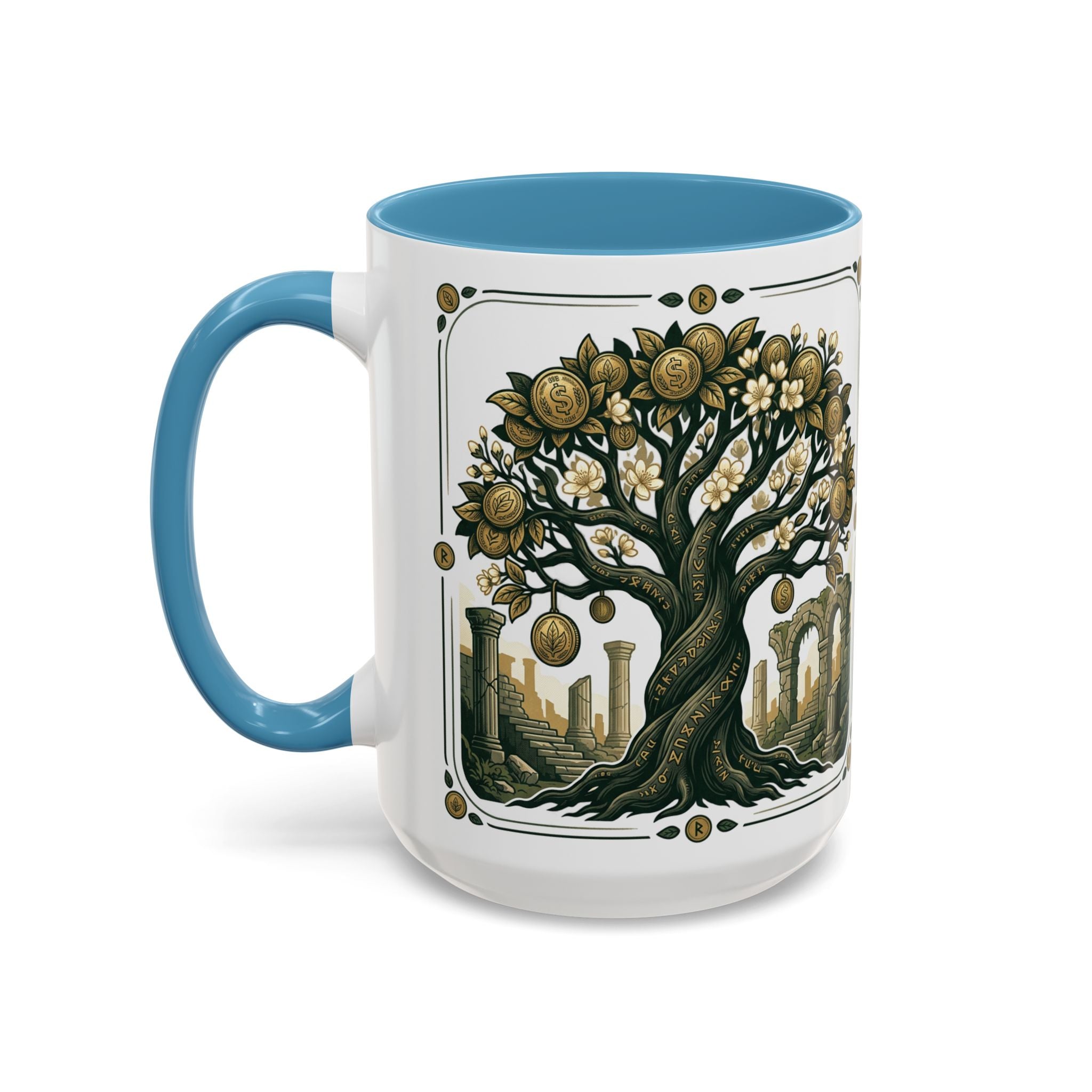 Ornate Tree of Coins Coffee Mug — Gold Ruins Accent Ceramic Mug (11/15oz)
