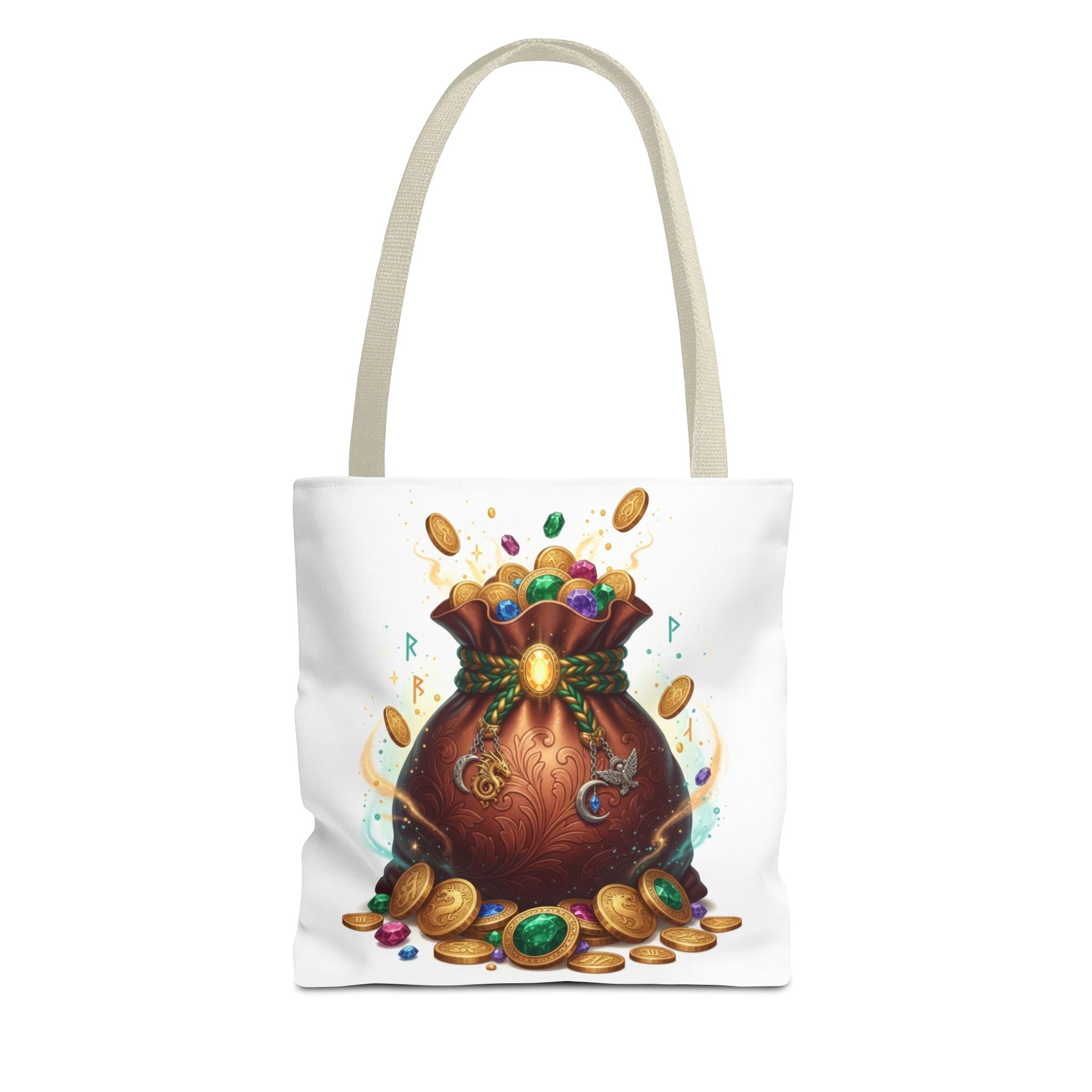 Treasure Pouch Tote Bag — Colorful Gem & Gold Coin All-Over Print Tote