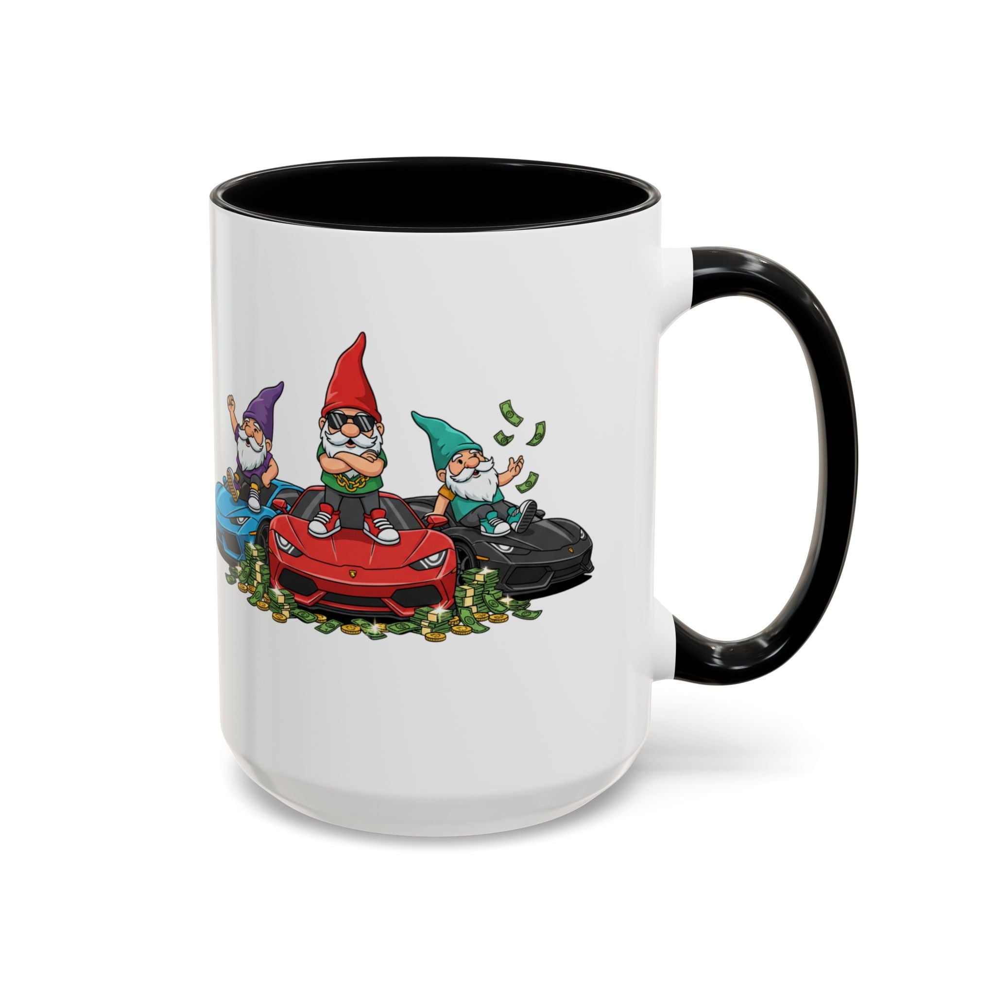 Gnome Car Crew Accent Coffee Mug — Racing Gnomes with Sports Cars (11/15oz)