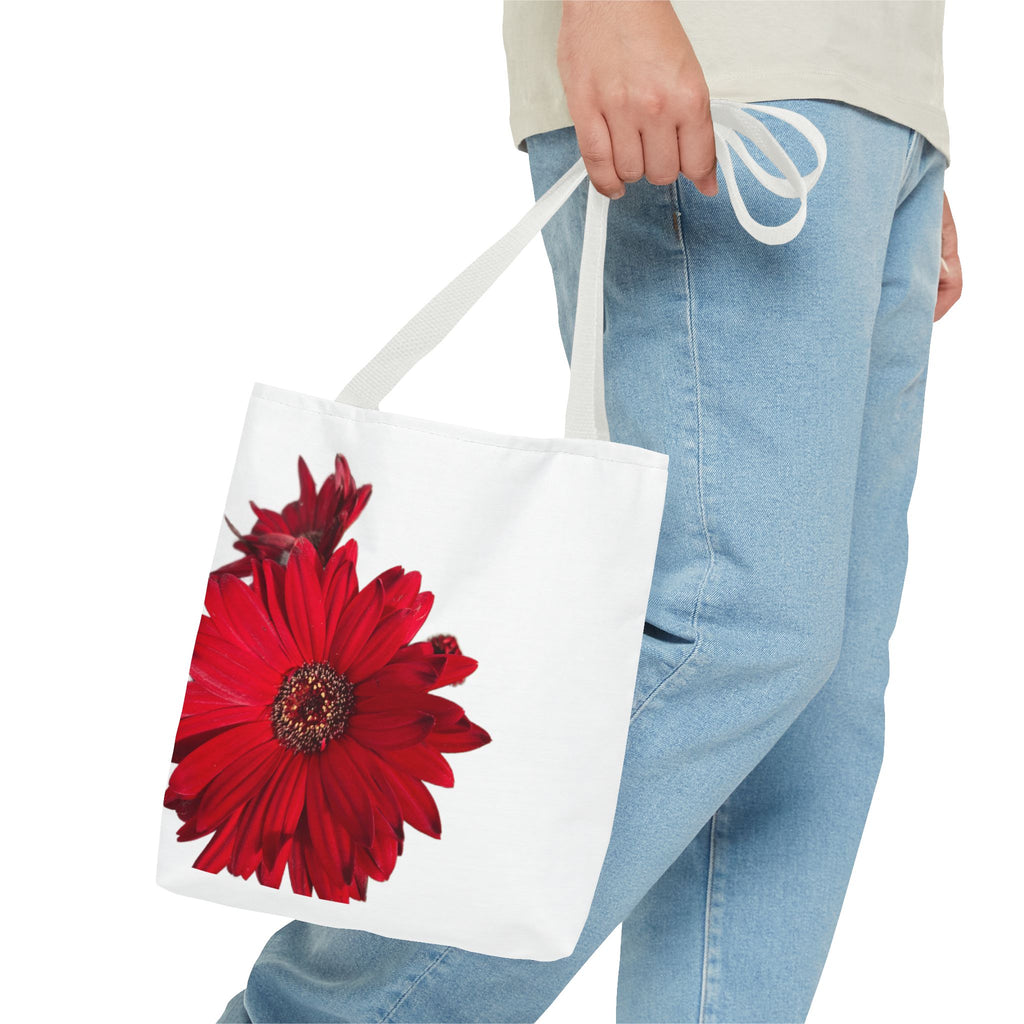 Red Gerbera Floral Tote Bag – Bright Daisy Print Canvas Tote