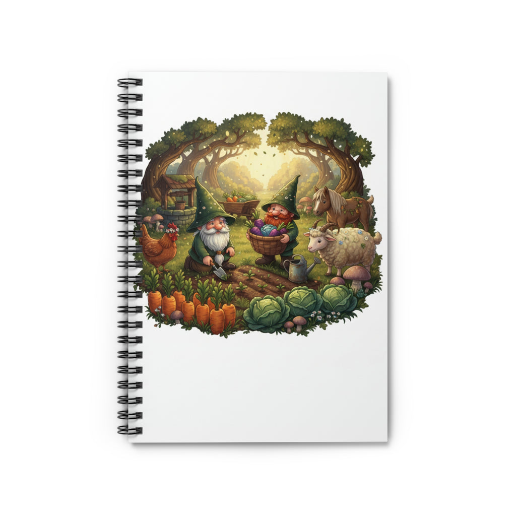 Garden Gnomes Spiral Notebook — Whimsical Farmyard Scene Ruled Journal