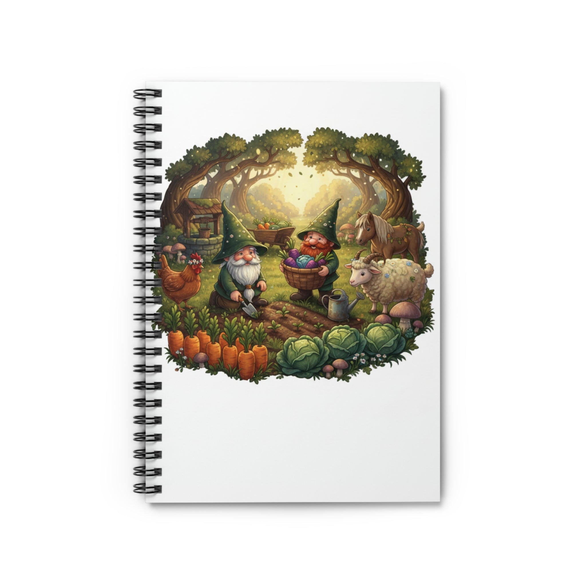 Garden Gnomes Spiral Notebook — Whimsical Farmyard Scene Ruled Journal