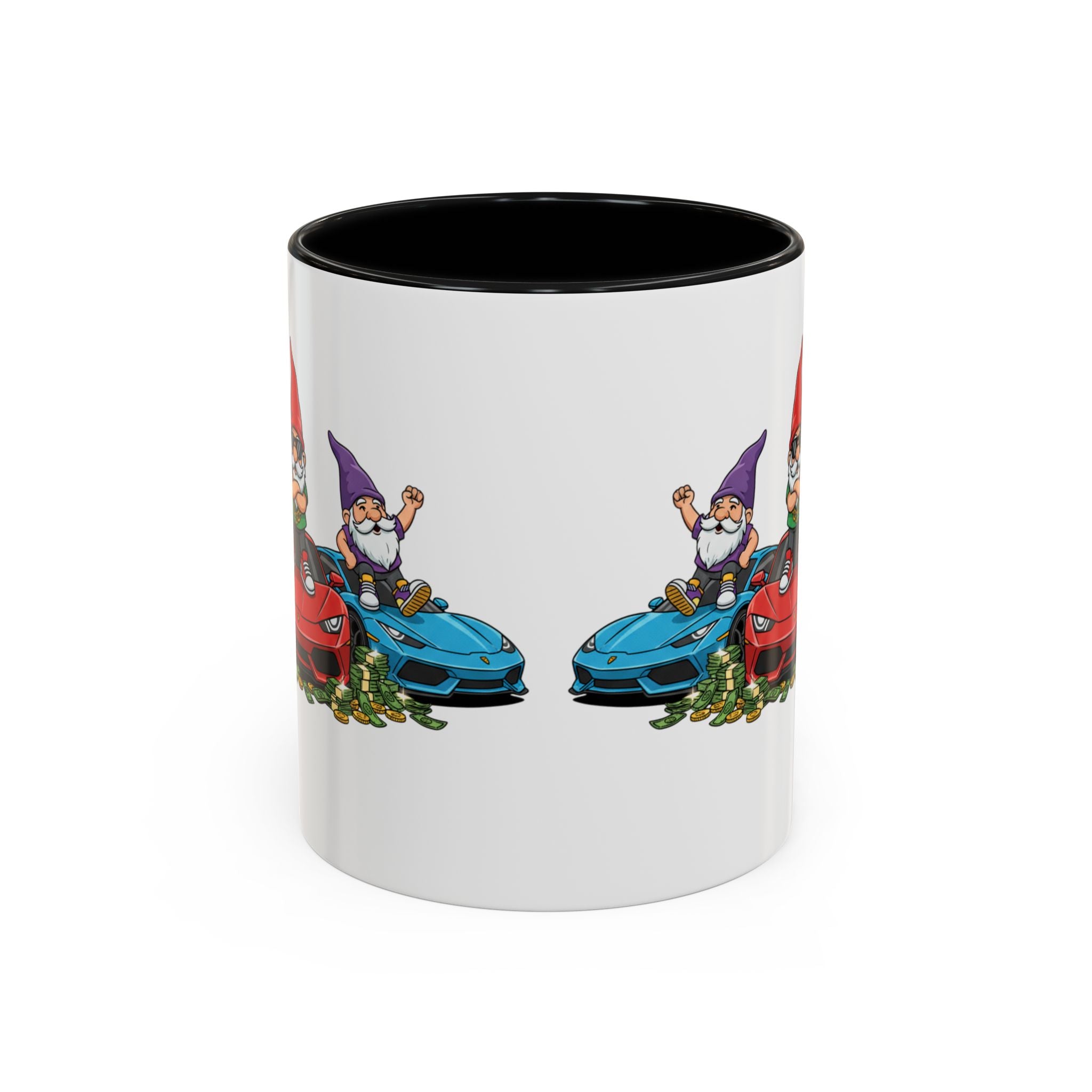 Gnome Car Crew Accent Coffee Mug — Racing Gnomes with Sports Cars (11/15oz)
