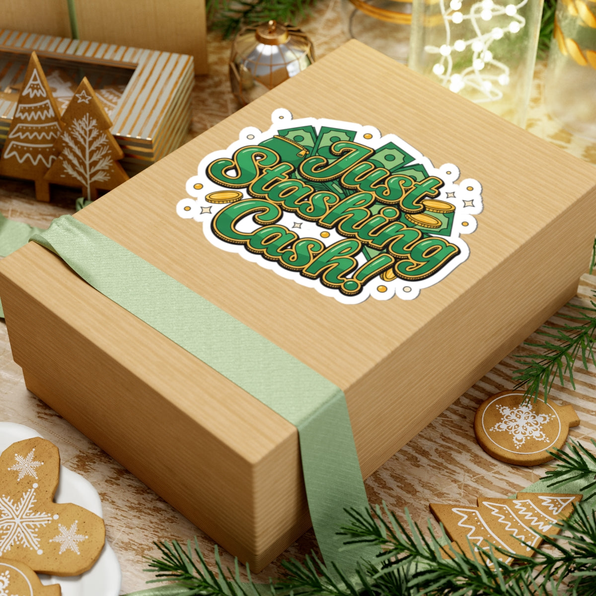 Just Stashing Cash Sticker — Money-Themed Kiss-Cut Vinyl Sticker